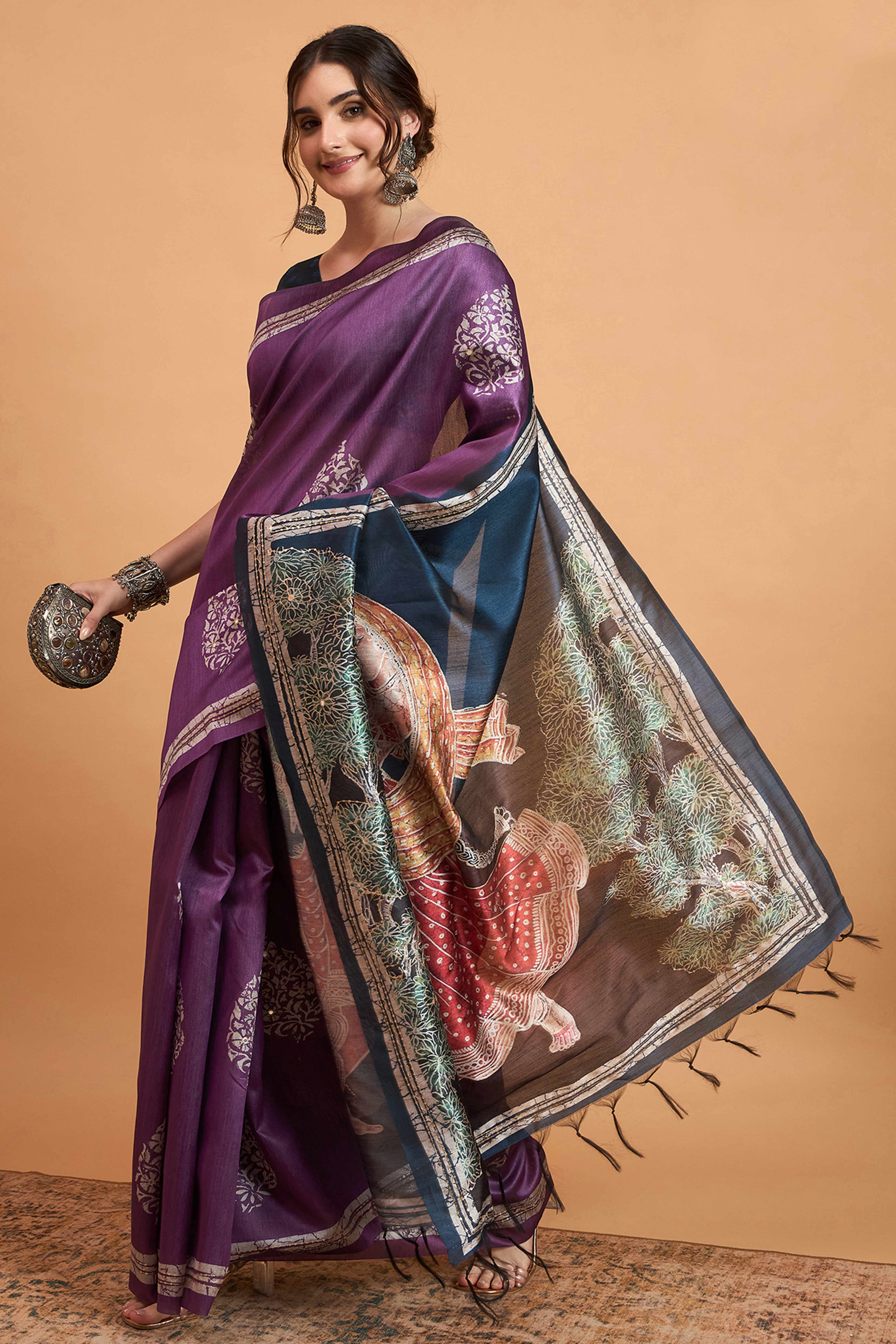 Handcrafted Purple Floral Block Print Saree in Cotton Silk with Decorative Mirror Embroidery