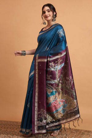Handcrafted Teal Floral Block Print Saree in Cotton Silk with Decorative Mirror Embroidery
