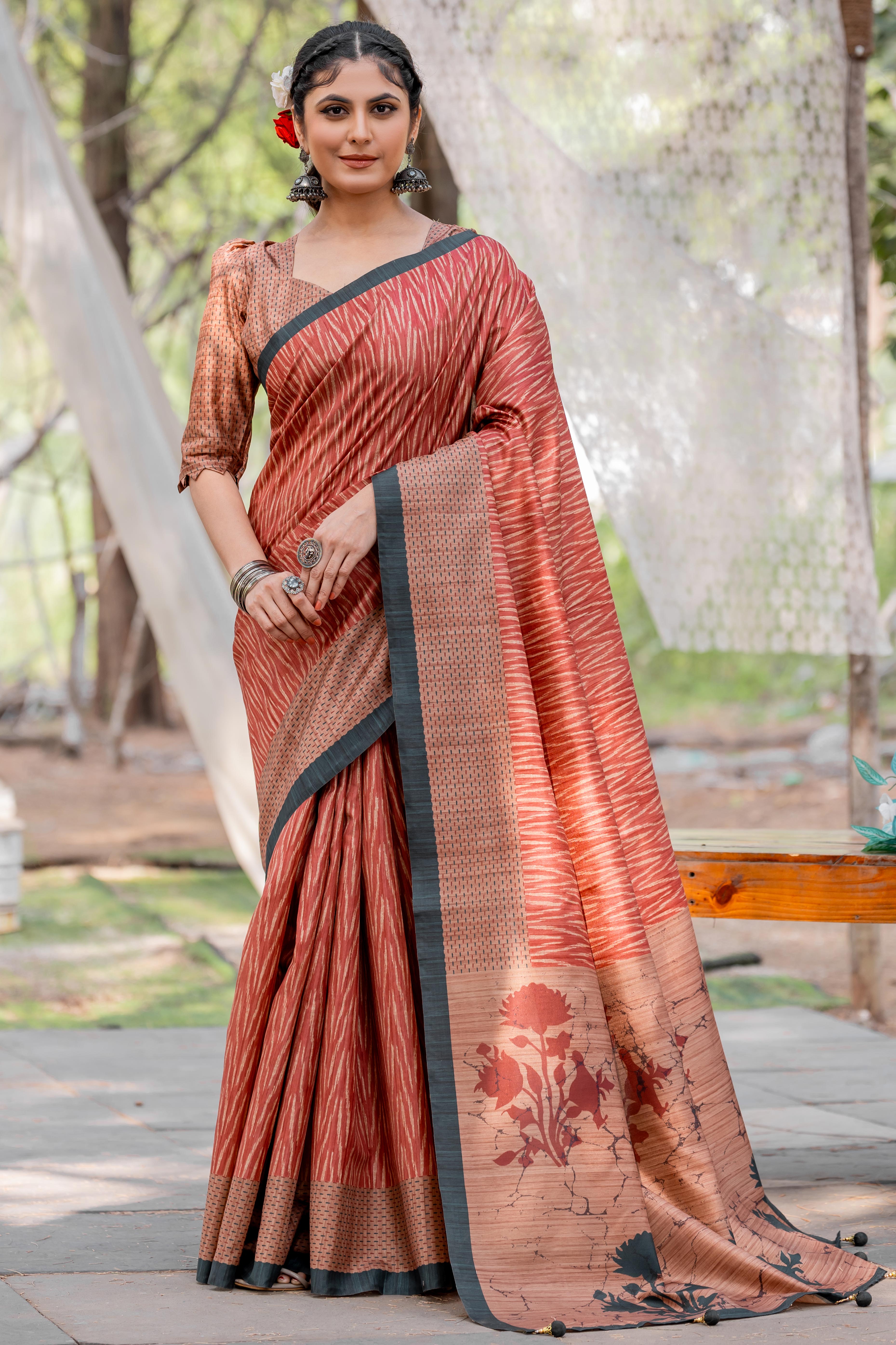 Maroon Kozi Cotton Silk Saree Showcasing Digital Prints and Soft Tassel Edging