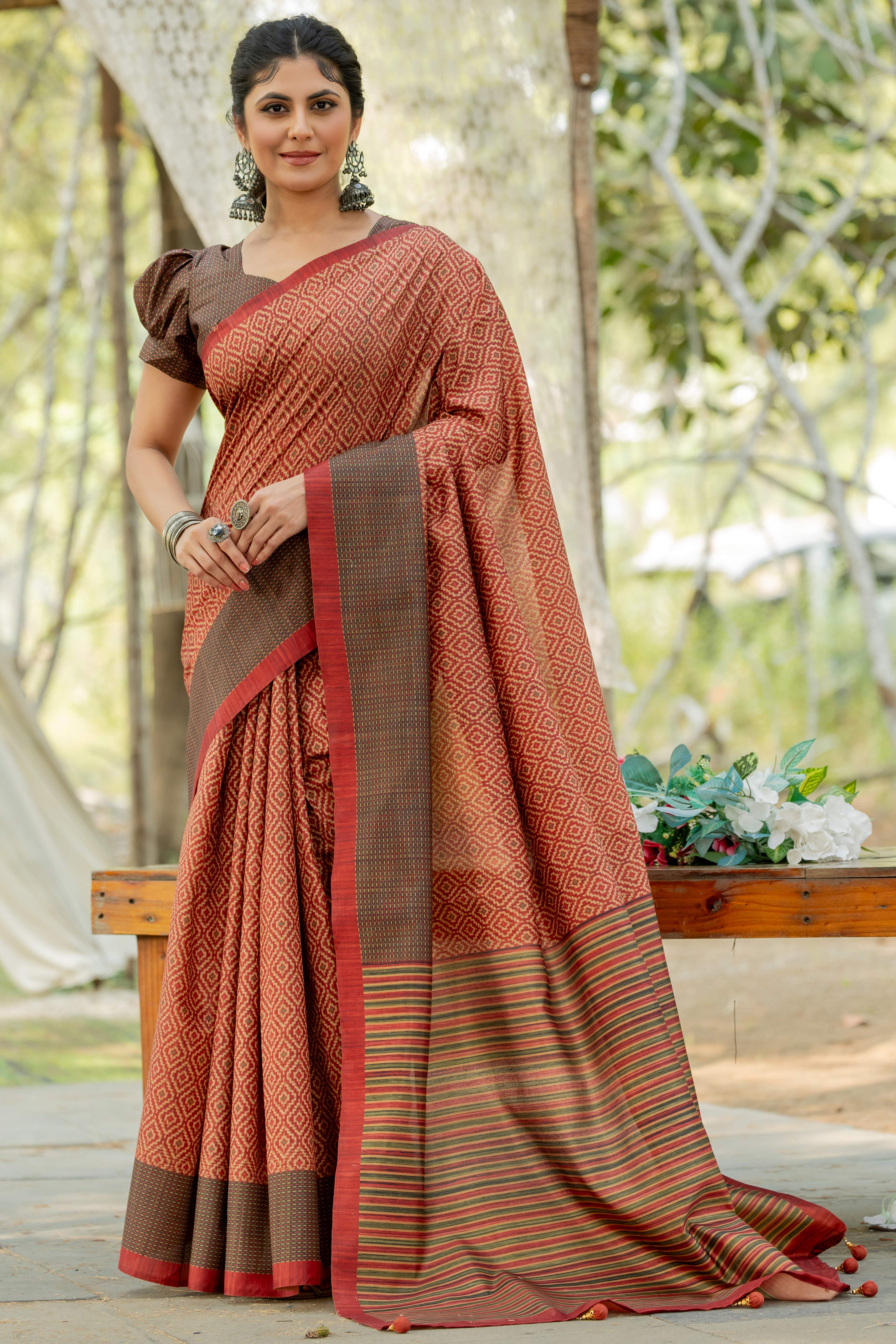 Rust Kozi Cotton Silk Saree Showcasing Digital Prints and Soft Tassel Edging