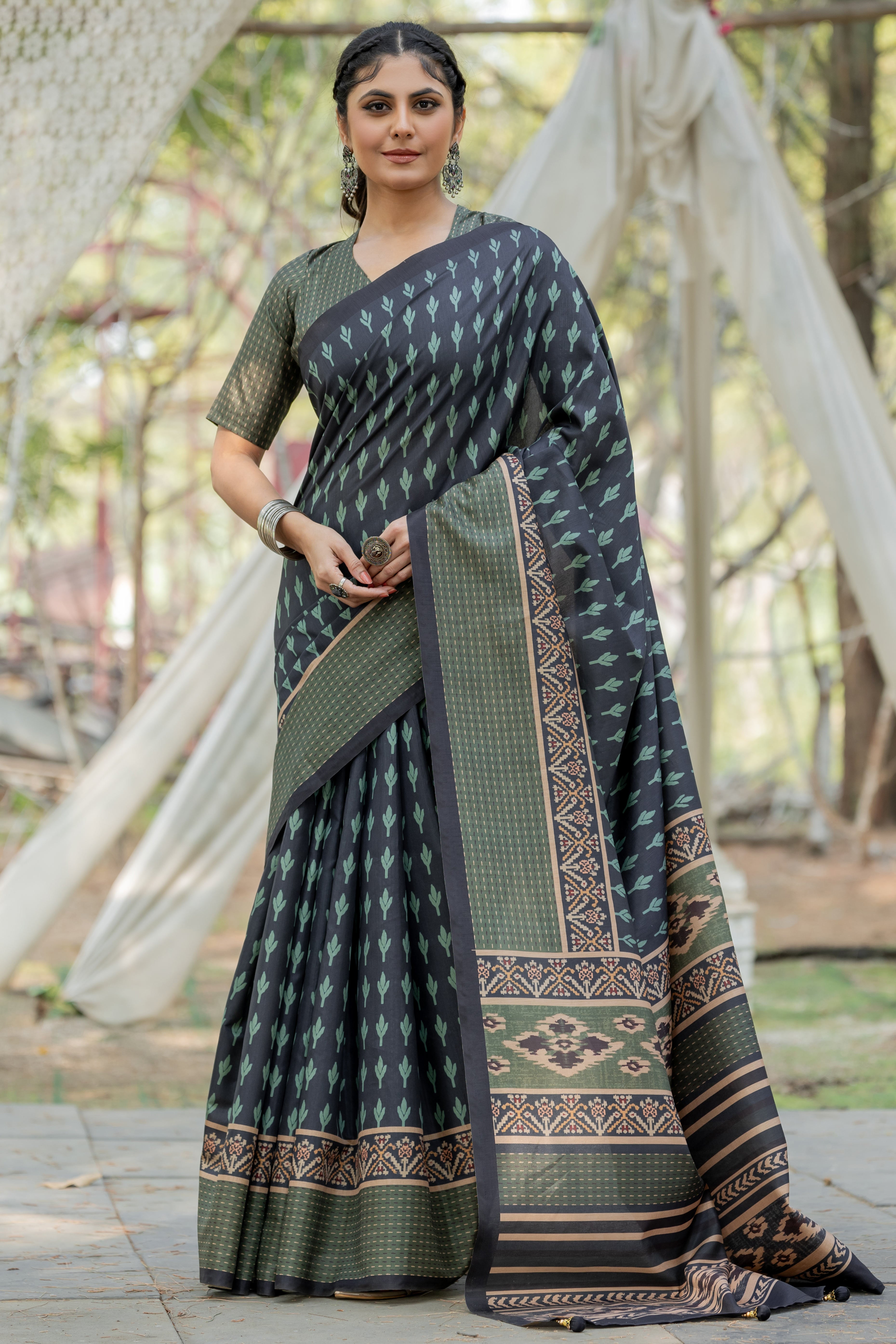 Navy Blue Kozi Cotton Silk Saree Showcasing Digital Prints and Soft Tassel Edging