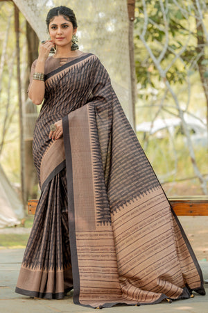 Black Kozi Cotton Silk Saree Indicating Digital Prints and Soft Tassel Edging