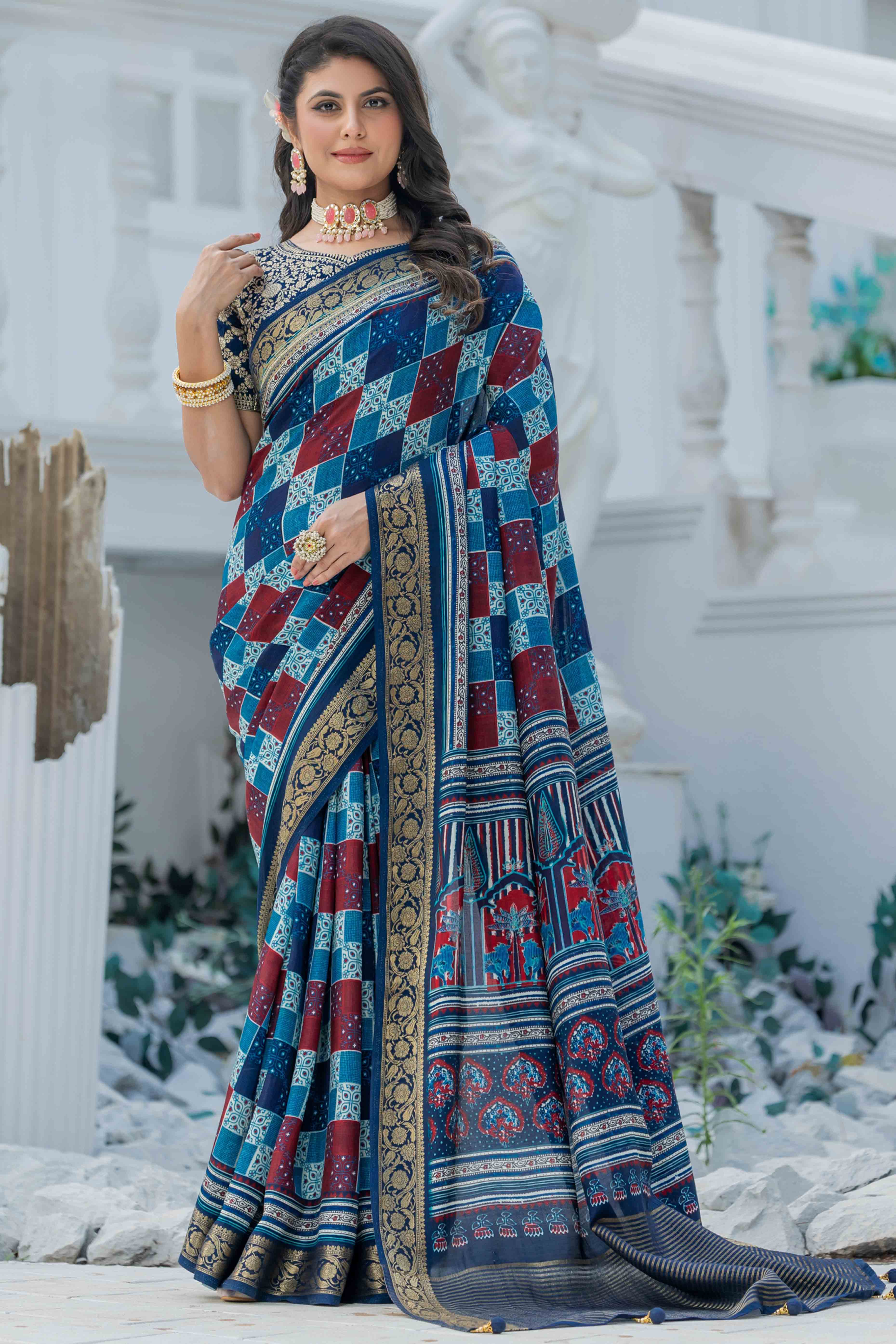 Blue & Maroon Ajrakh Printed Viscose Saree With Woven Border & Elegant Tassel Pallu