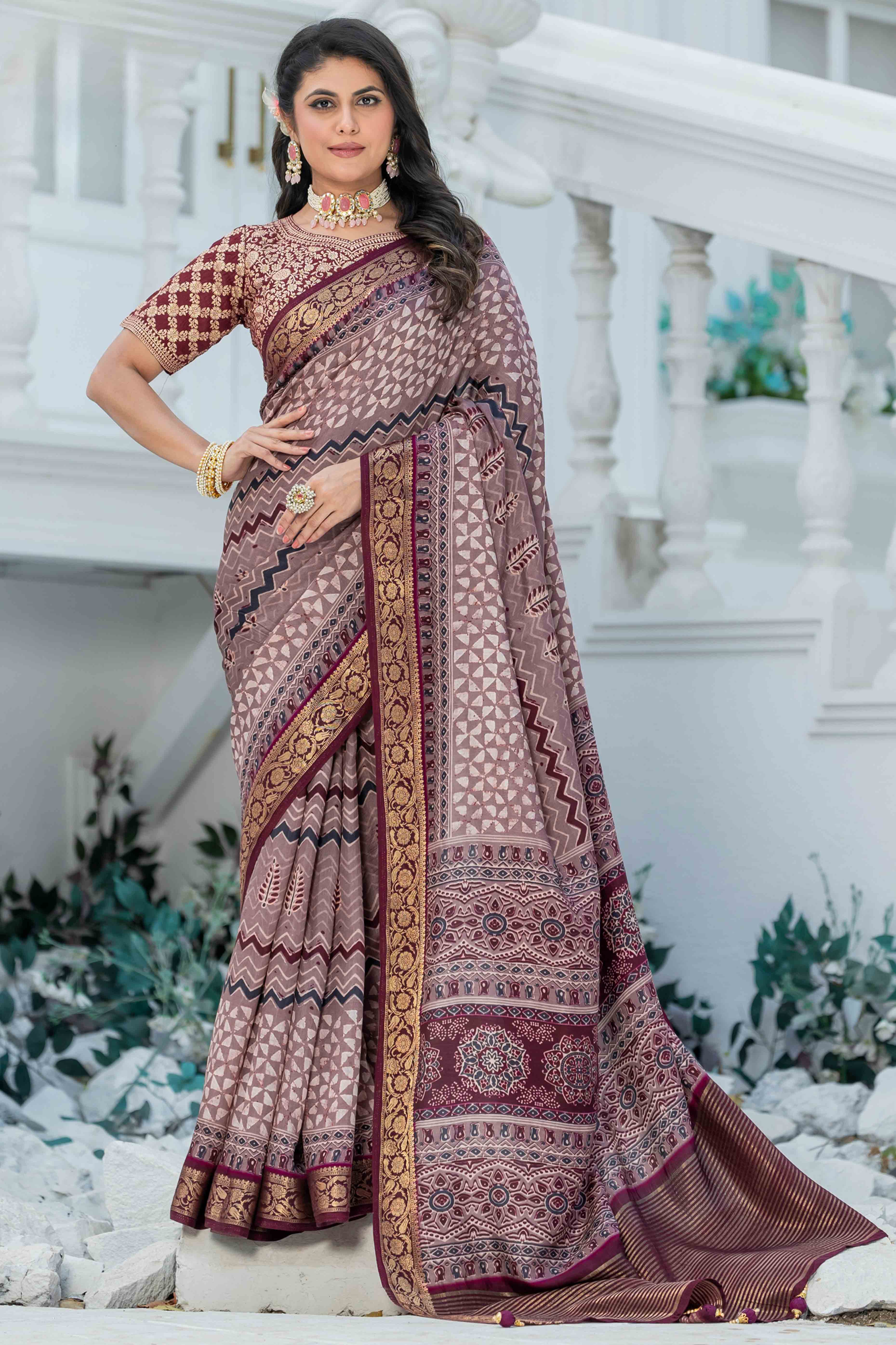 Misty Mauve Ajrakh Printed Viscose Saree With Woven Border & Elegant Tassel Pallu