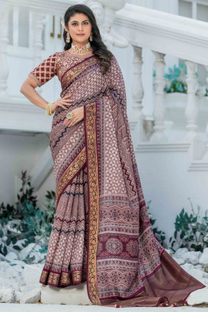 Misty Mauve Ajrakh Printed Viscose Saree With Woven Border & Elegant Tassel Pallu