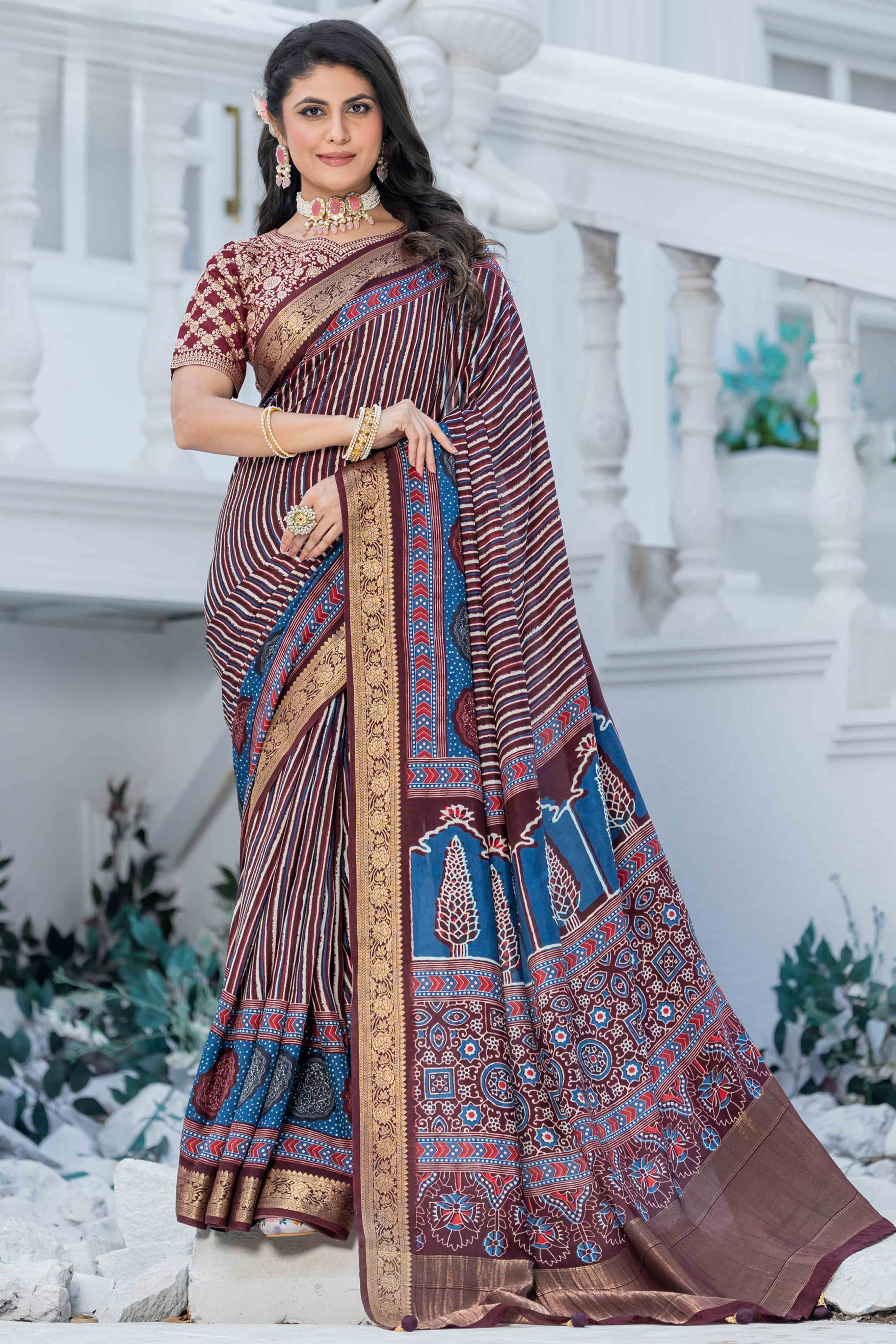 Dark Maroon Ajrakh Printed Viscose Saree With Woven Border & Elegant Tassel Pallu
