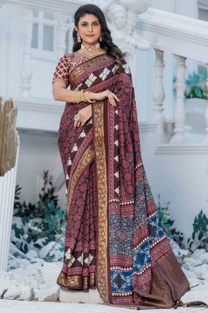 Dark Wine Ajrakh Printed Viscose Saree With Woven Border & Elegant Tassel Pallu