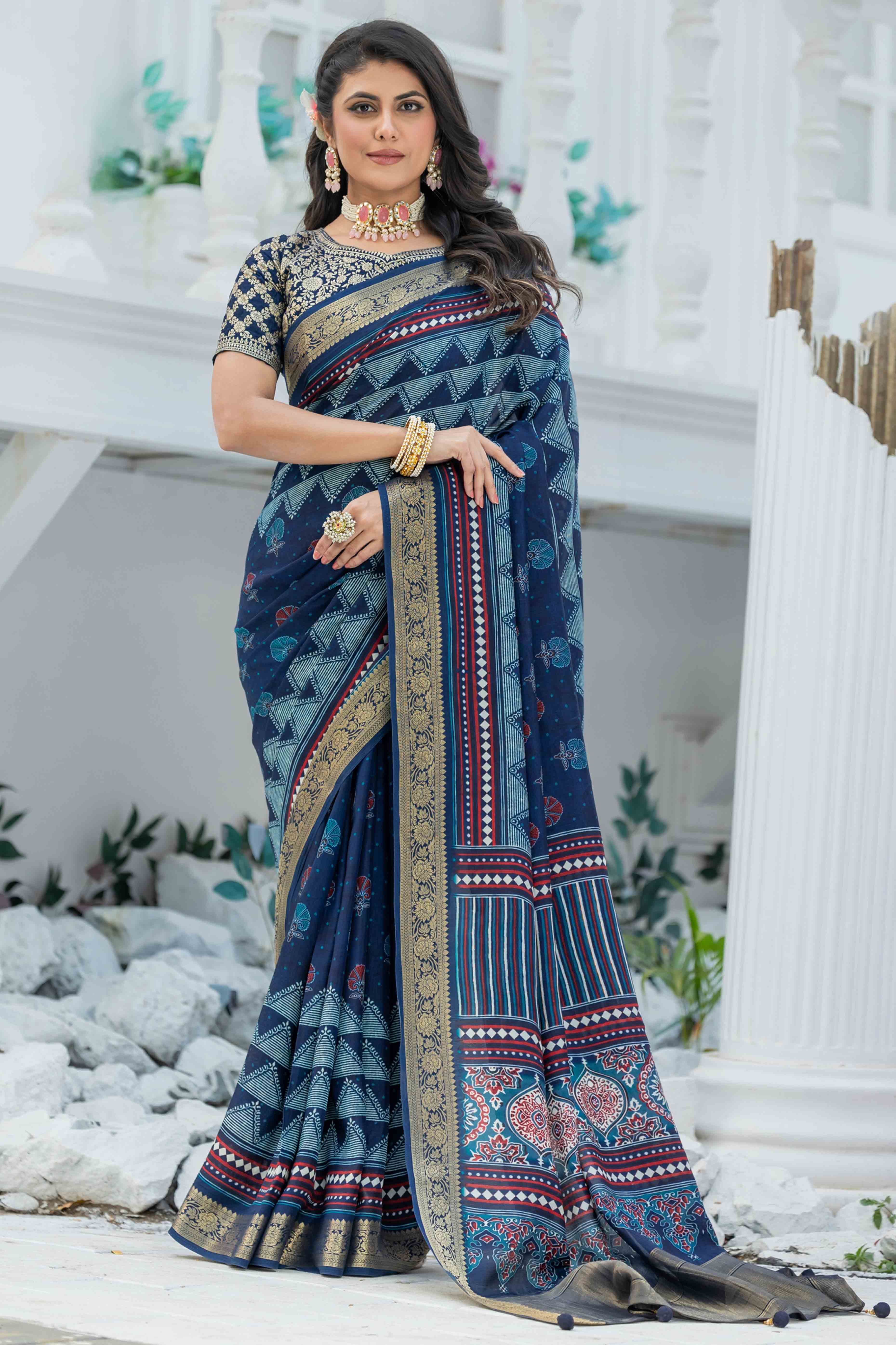 Blue Ajrakh Printed Viscose Saree With Woven Border & Elegant Tassel Pallu