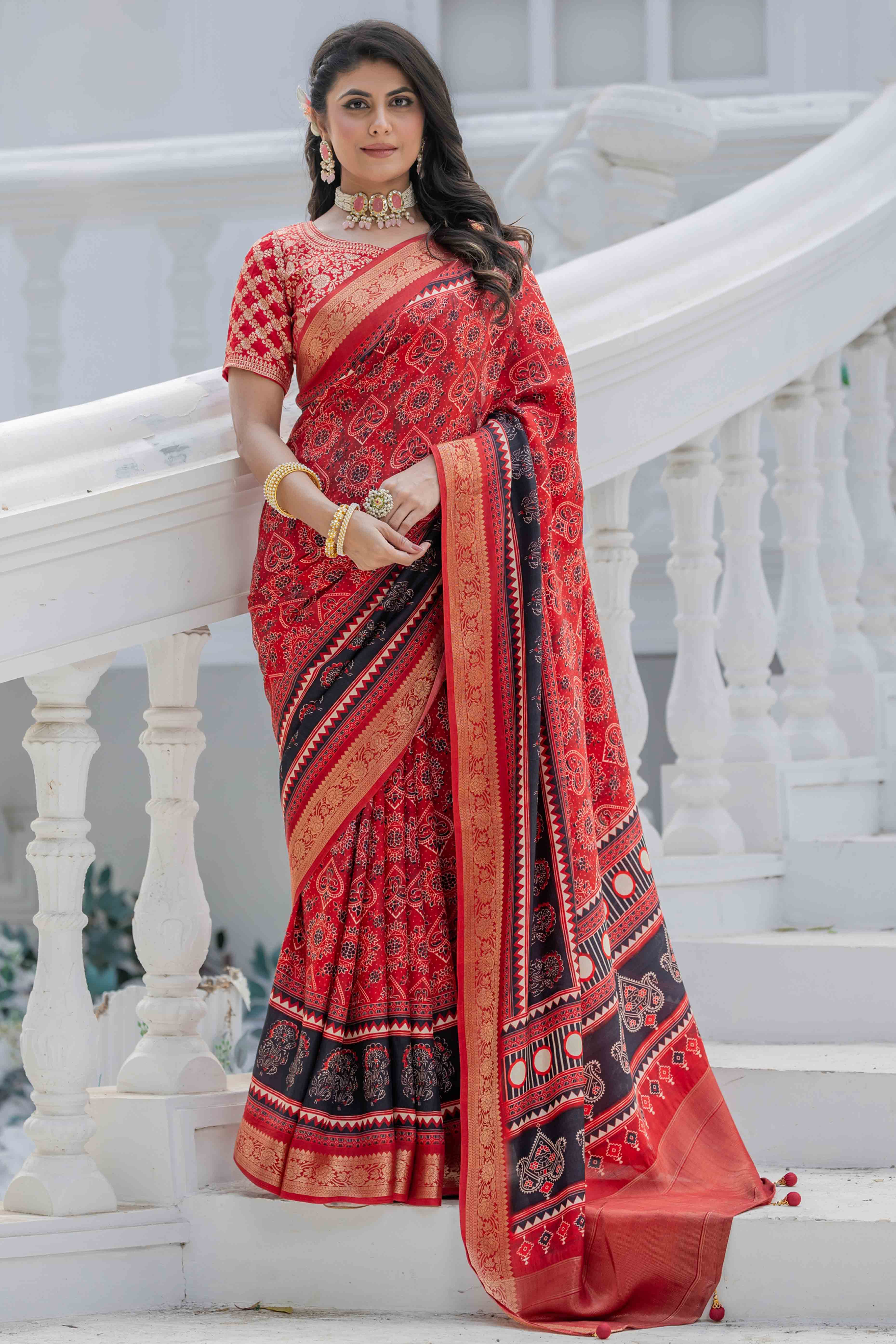 Vermilion Red Ajrakh Printed Viscose Saree With Woven Border & Elegant Tassel Pallu
