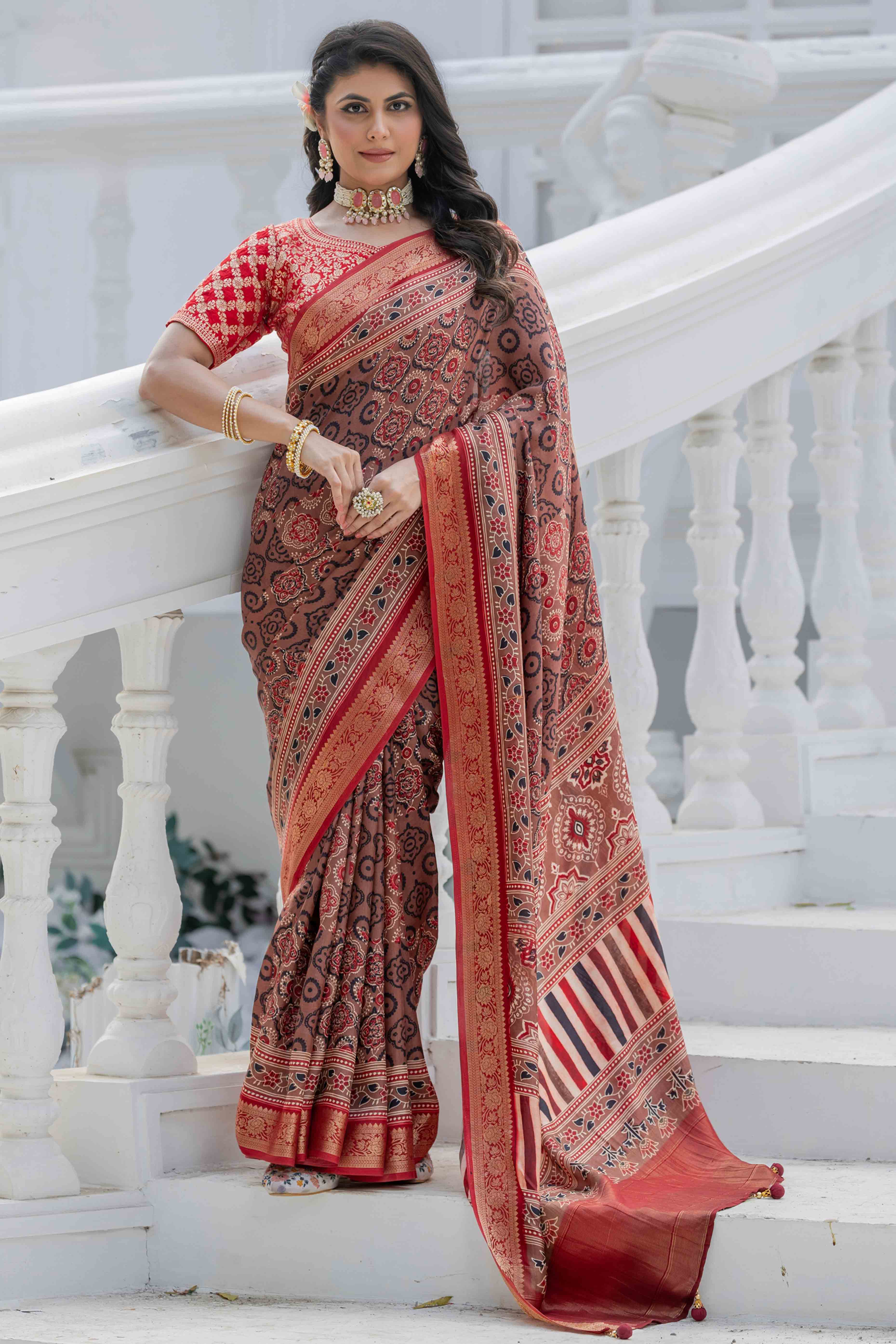 Brown Ajrakh Printed Viscose Saree With Woven Border & Elegant Tassel Pallu