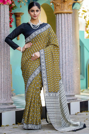 Green Bhagalpuri Silk Saree with Handblock Prints