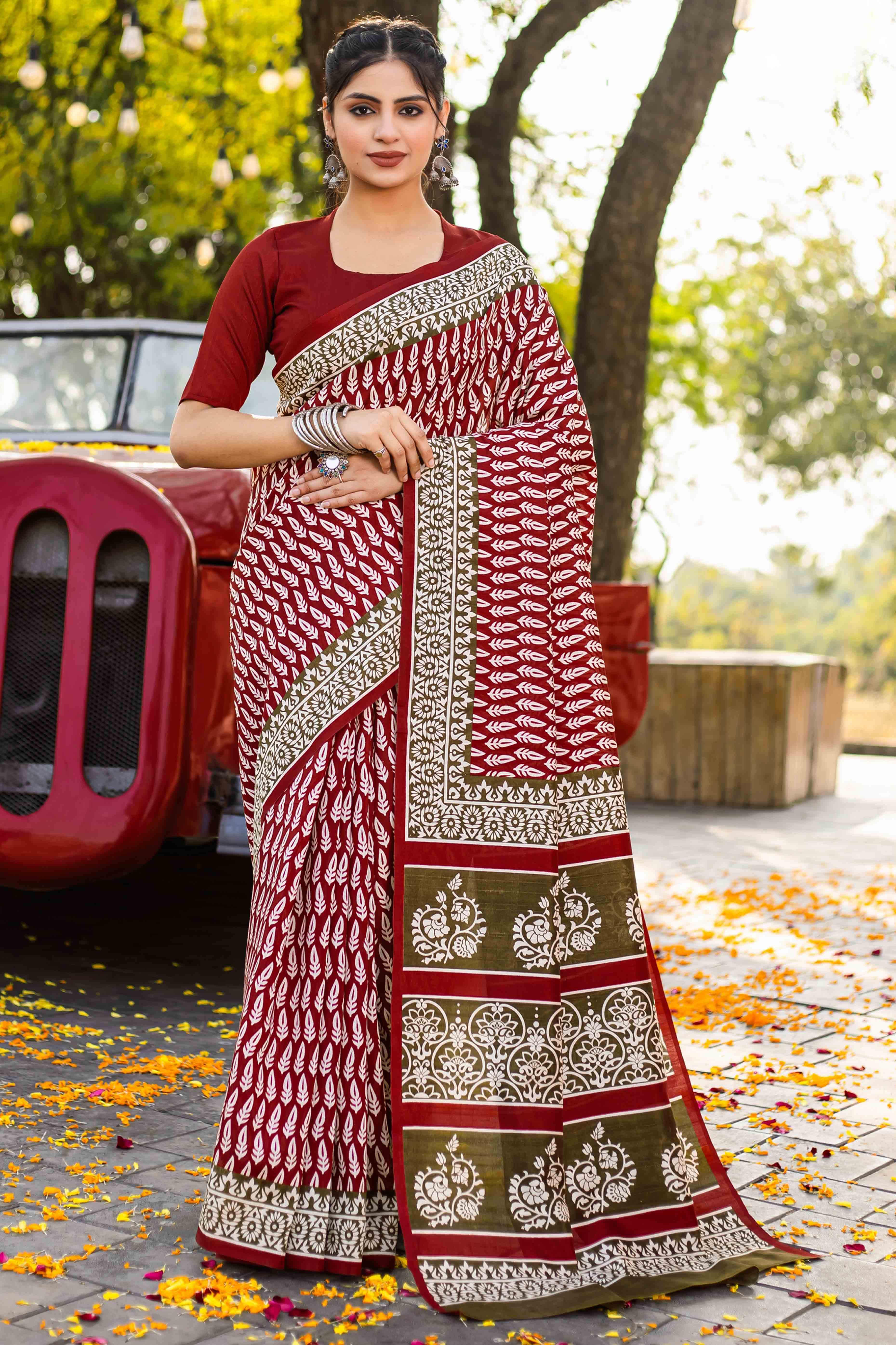 Maroon Bhagalpuri Silk Saree with Floral Handblock Prints