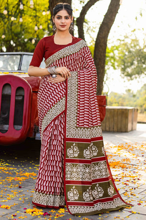 Maroon Bhagalpuri Silk Saree with Floral Handblock Prints