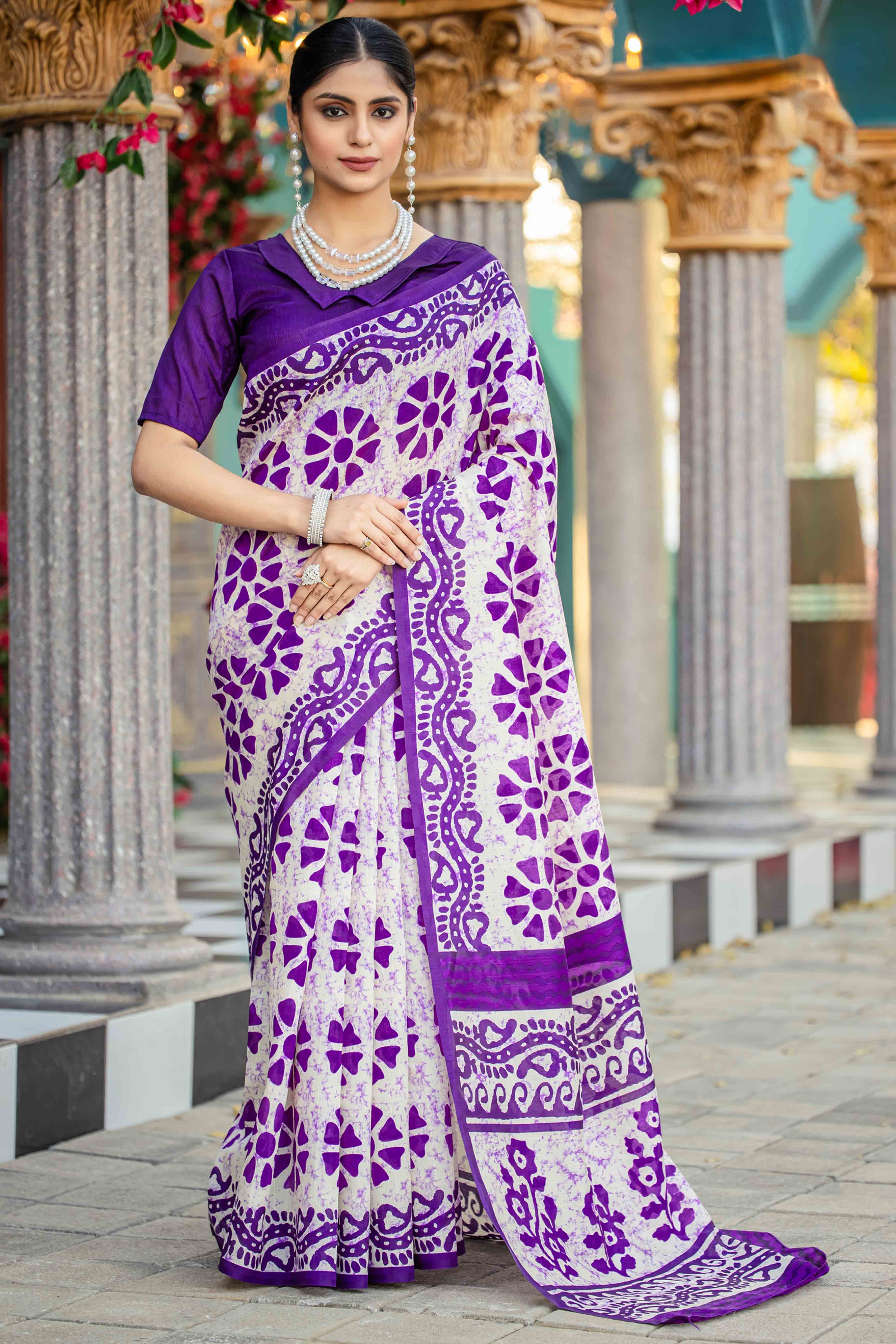 Purple Bhagalpuri Silk Saree with Floral Handblock Prints