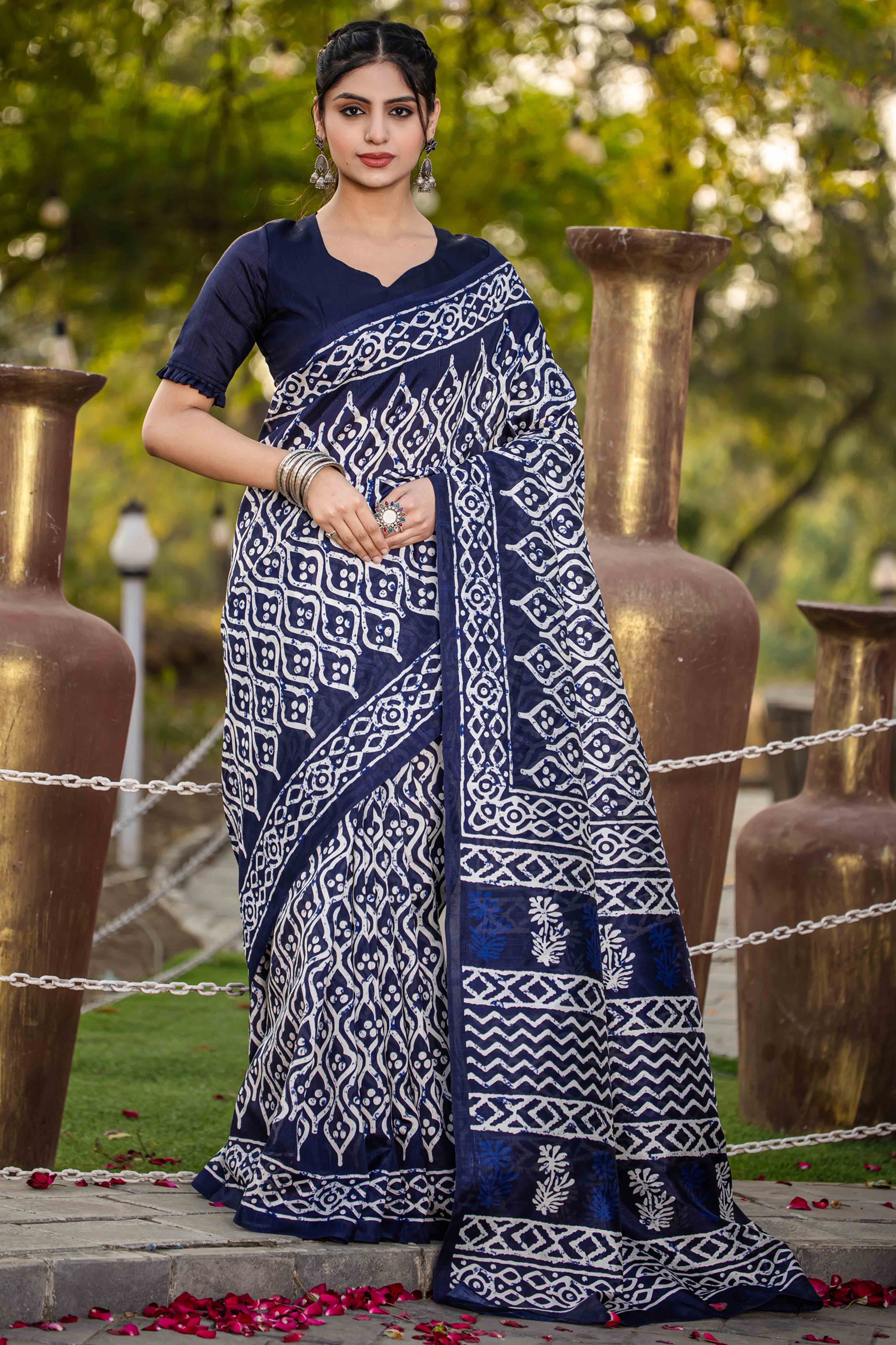 Navy Blue Bhagalpuri Silk Saree with Floral Handblock Prints