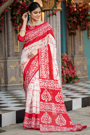 Offwhite & Red Bhagalpuri Silk Saree with Floral Handblock Prints