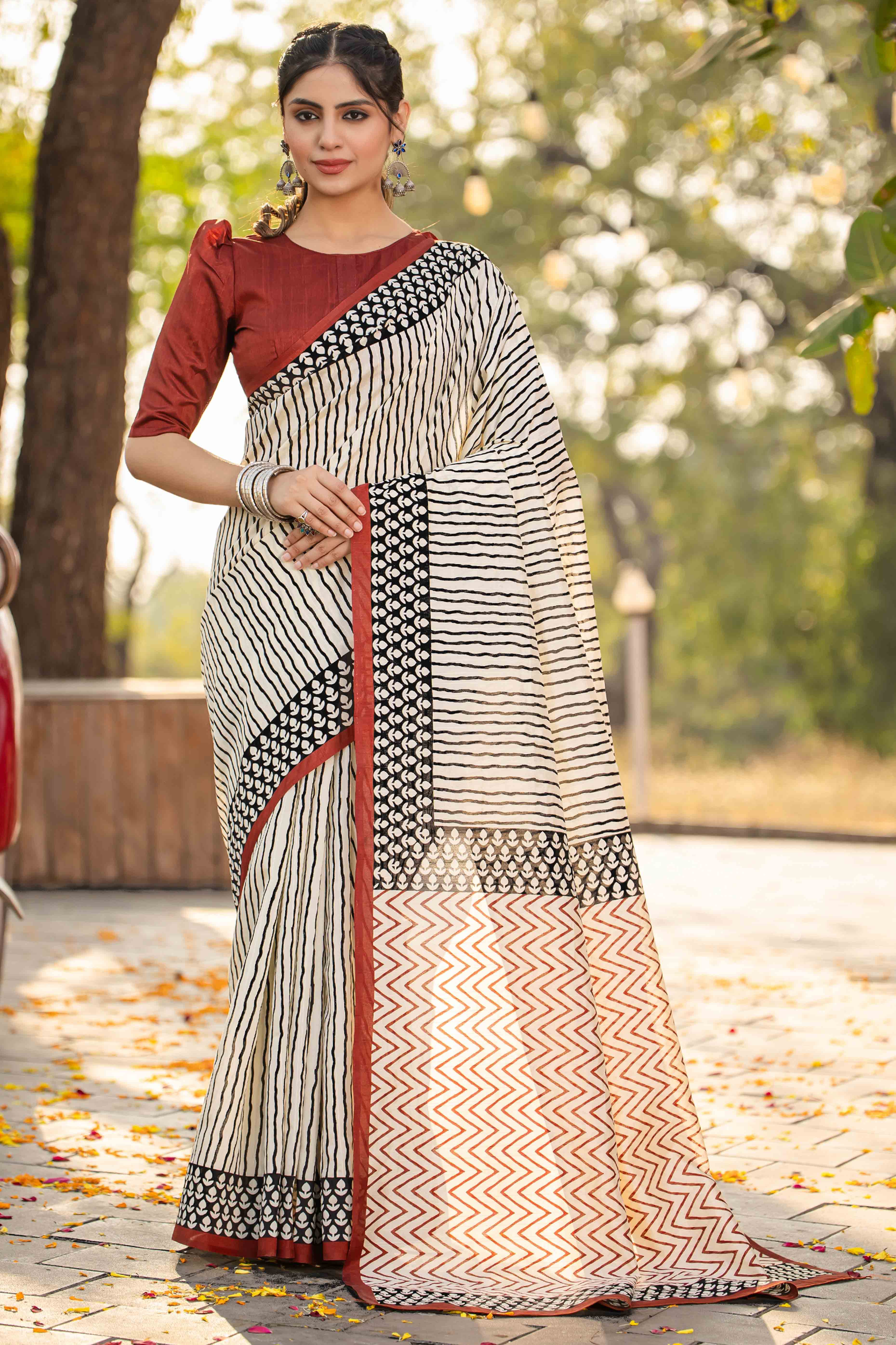 Cream Bhagalpuri Silk Saree with Striped Prints