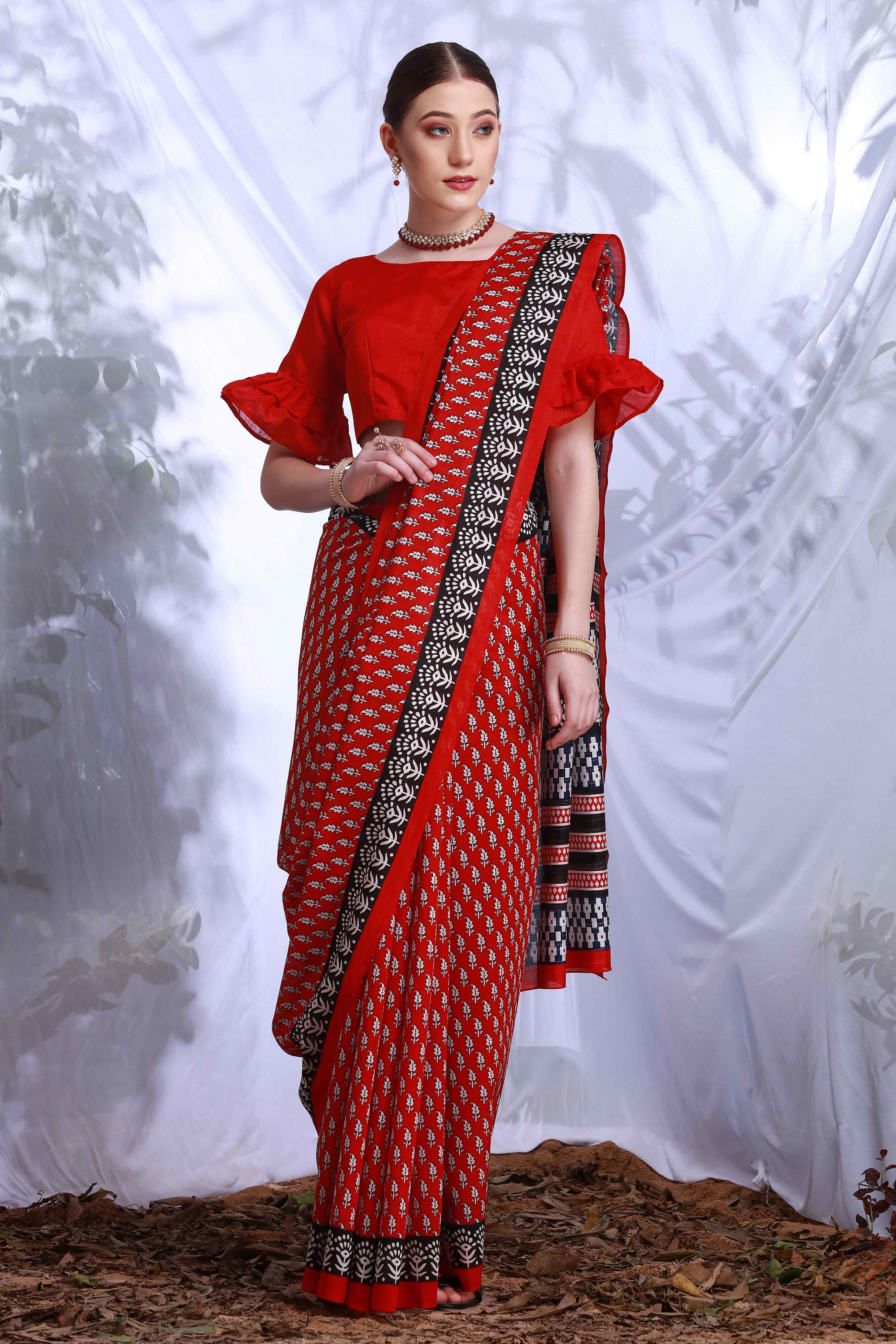 Red Printed Bhagalpuri Silk Saree