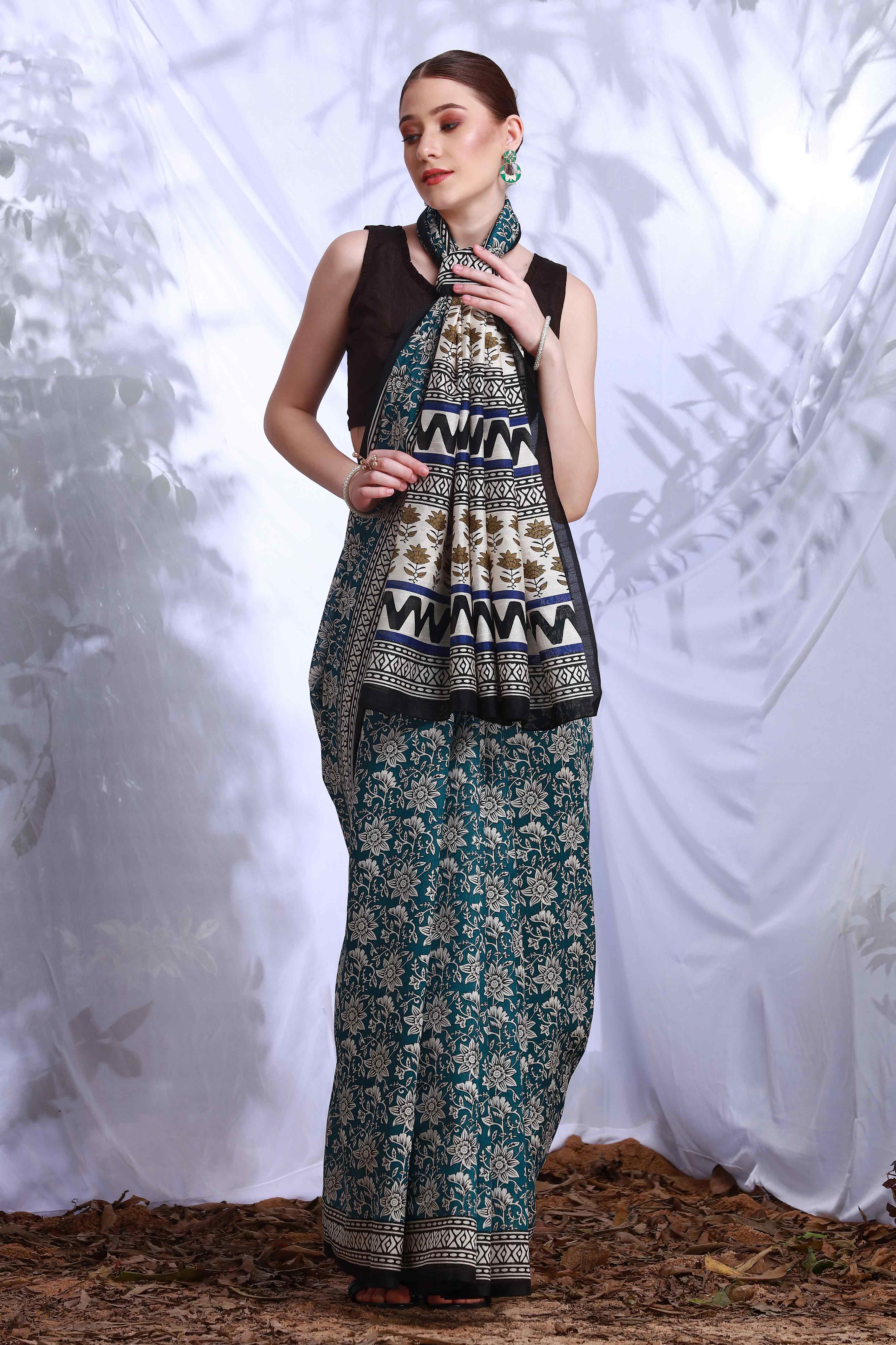 Teal Printed Bhagalpuri Silk Saree