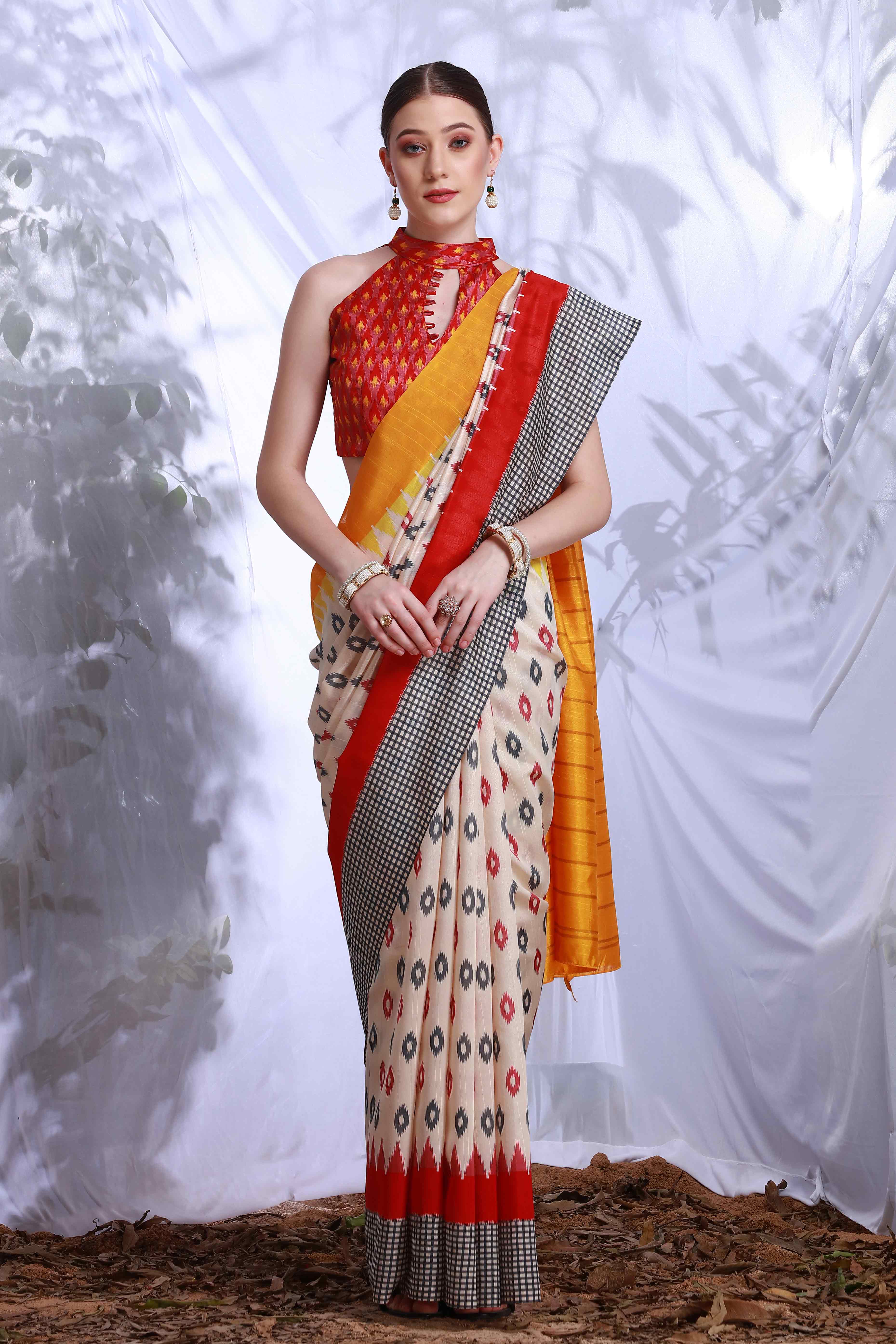 Cream Printed Bhagalpuri Silk Saree