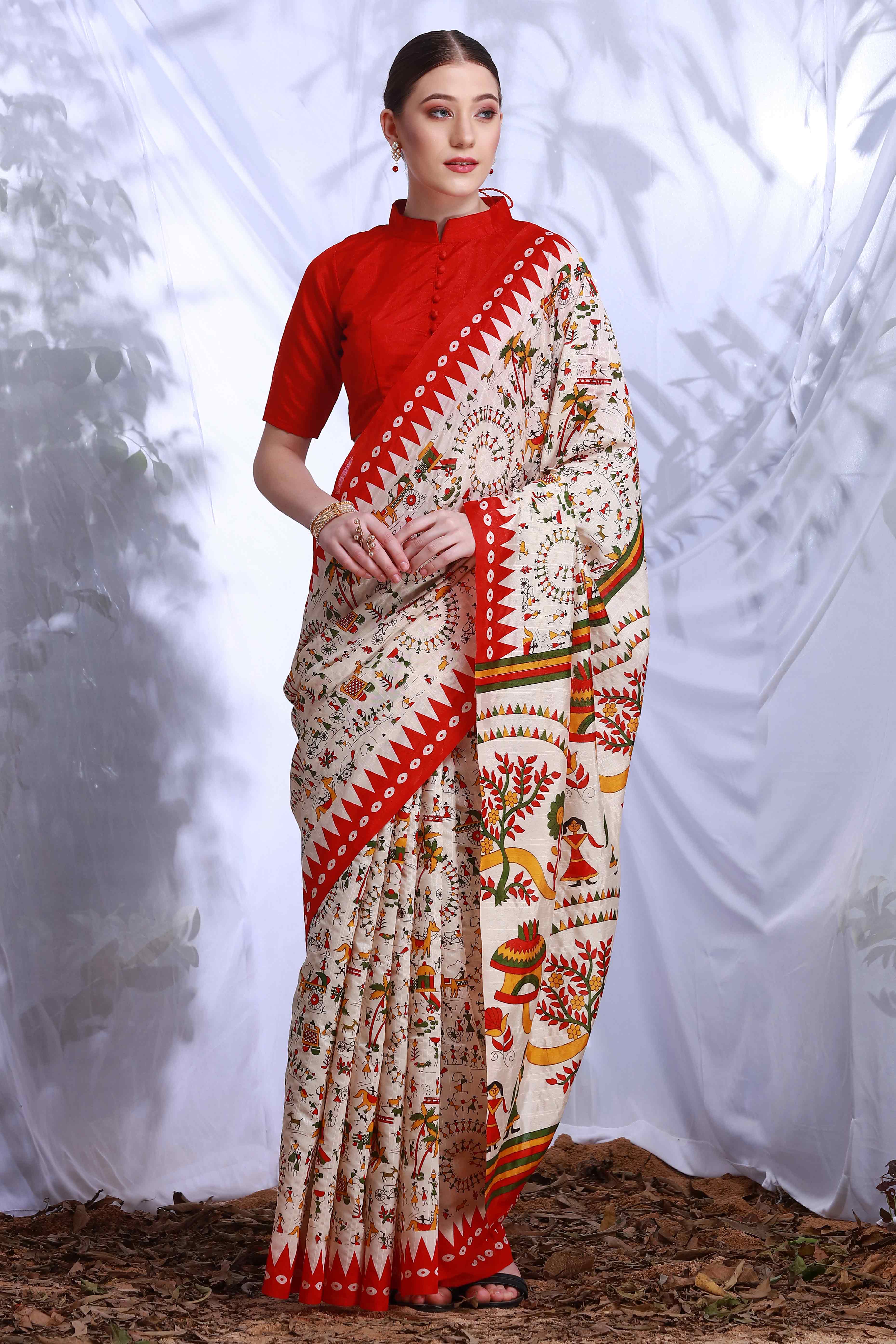 Offwhite & Red Printed Bhagalpuri Silk Saree