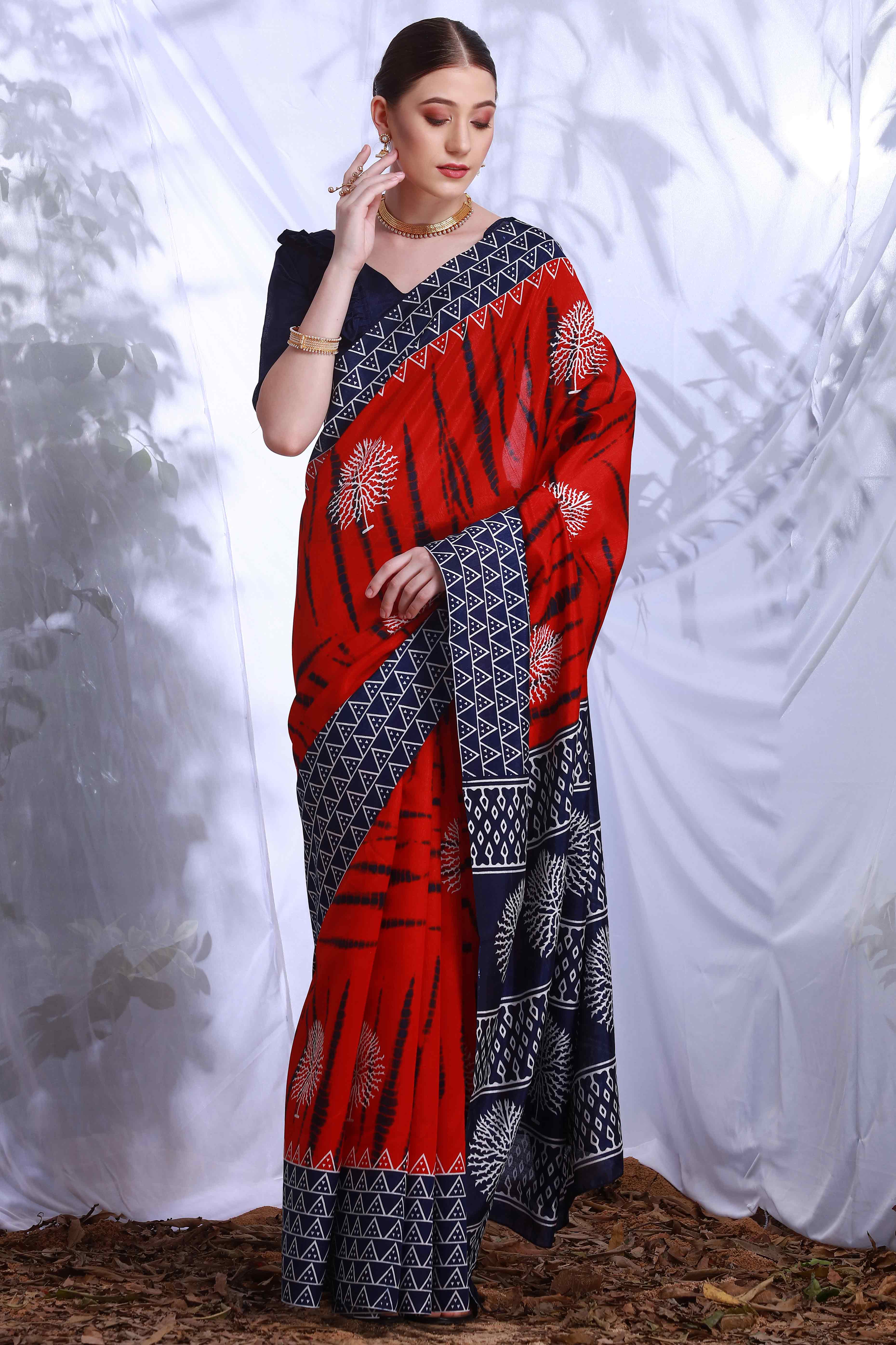 Red & Blue Printed Bhagalpuri Silk Saree