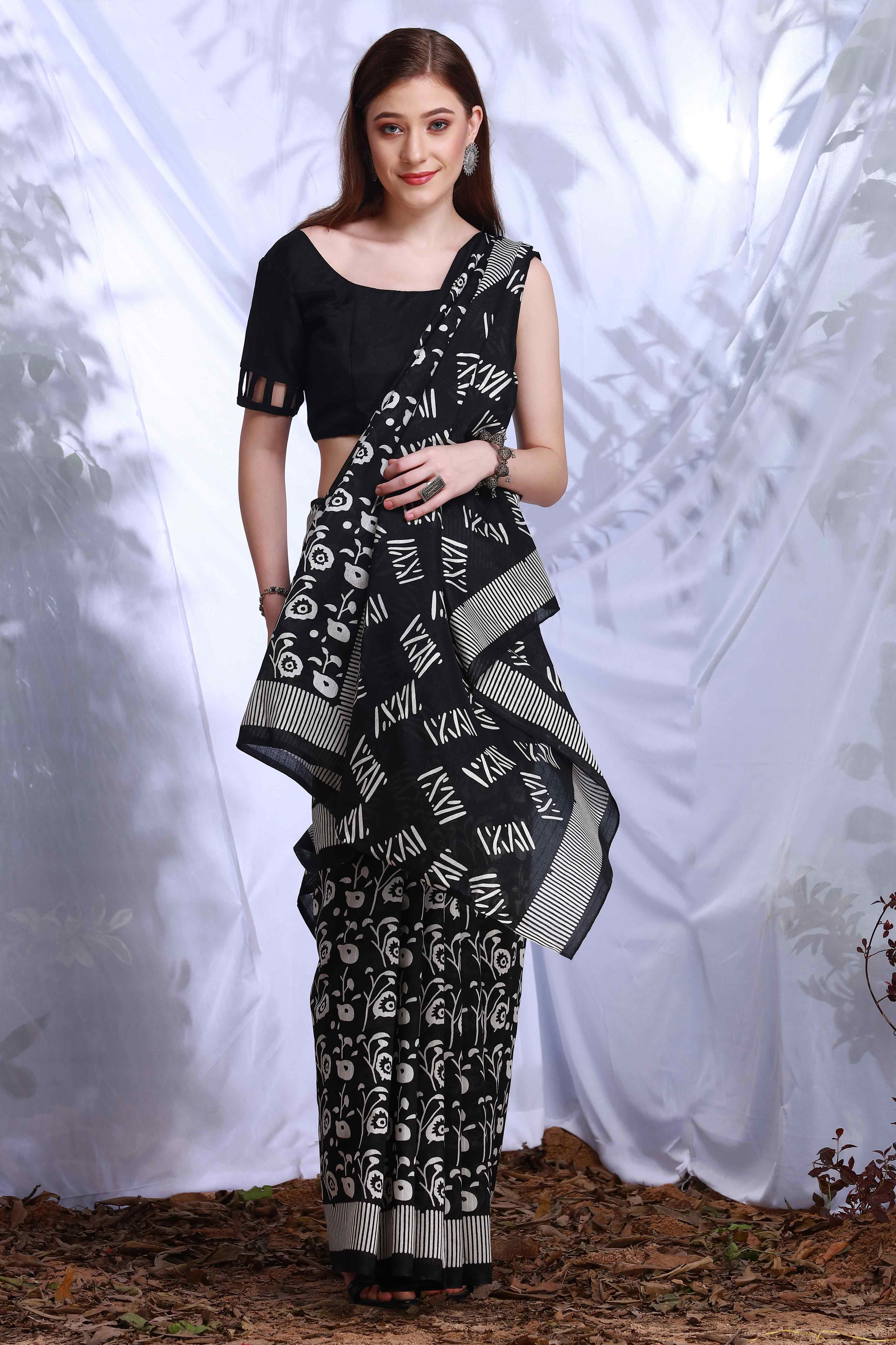 Black Printed Bhagalpuri Silk Saree