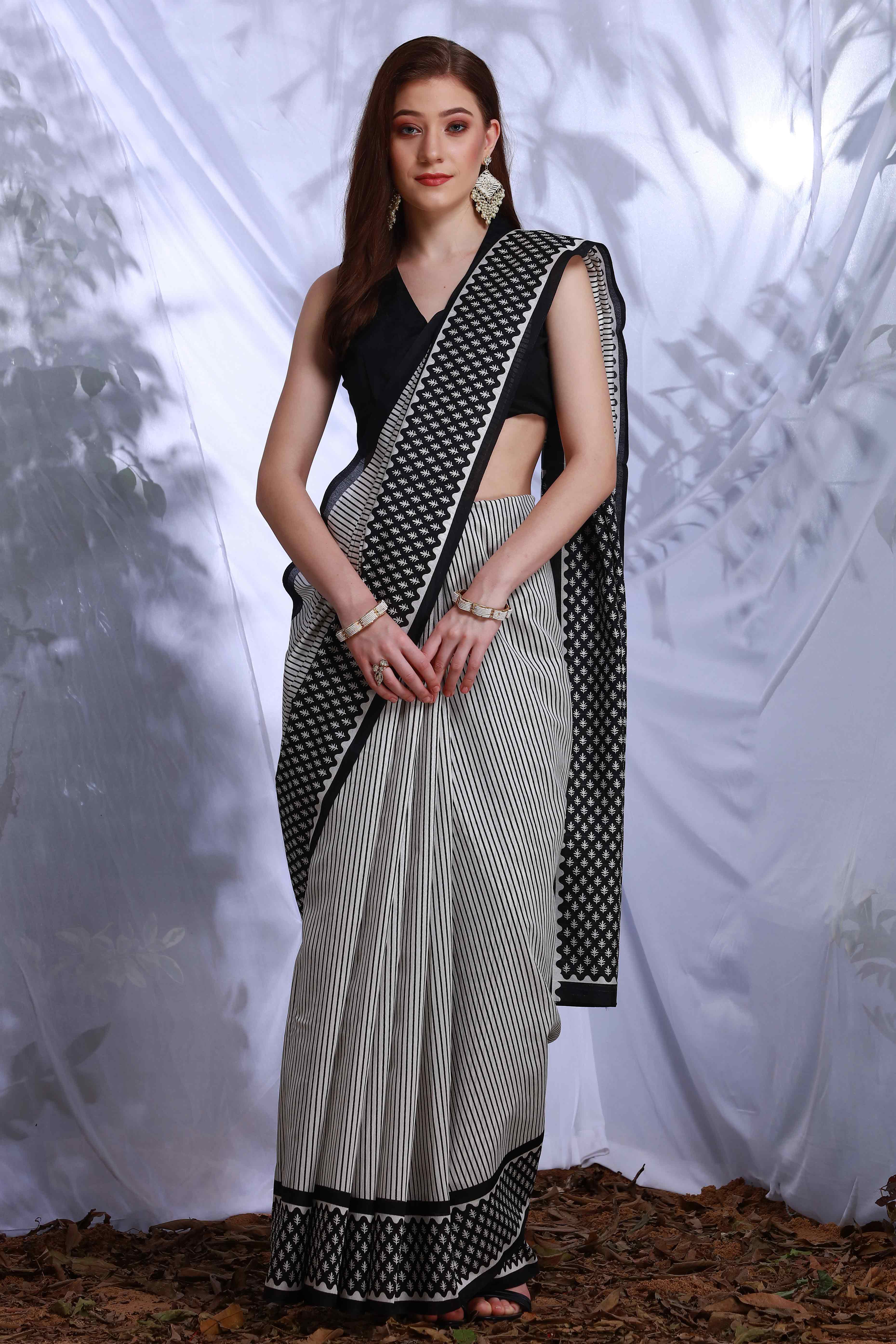 Black & White Printed Bhagalpuri Silk Saree
