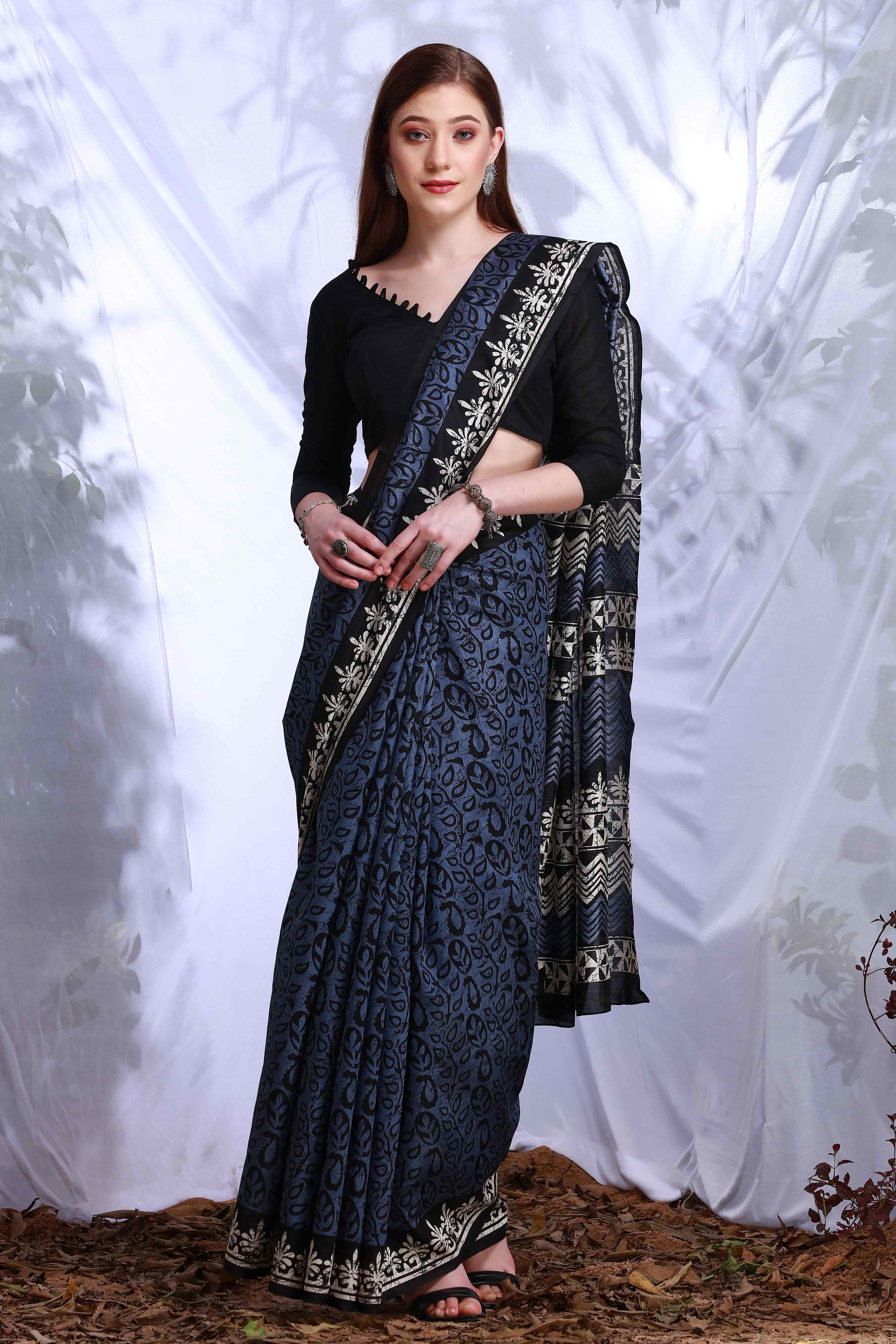 Blue & Black Printed Bhagalpuri Silk Saree