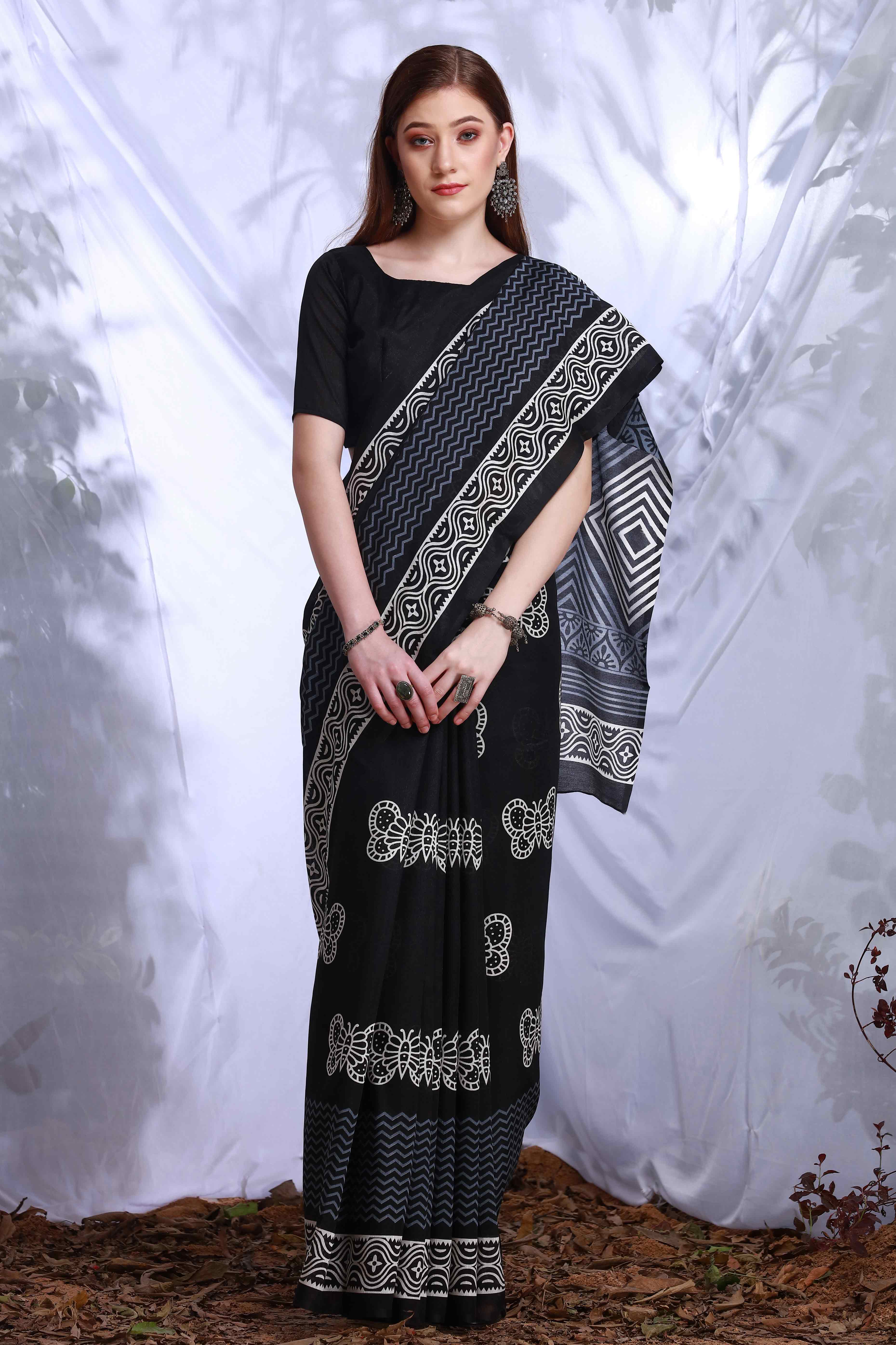 Black Printed Bhagalpuri Silk Saree