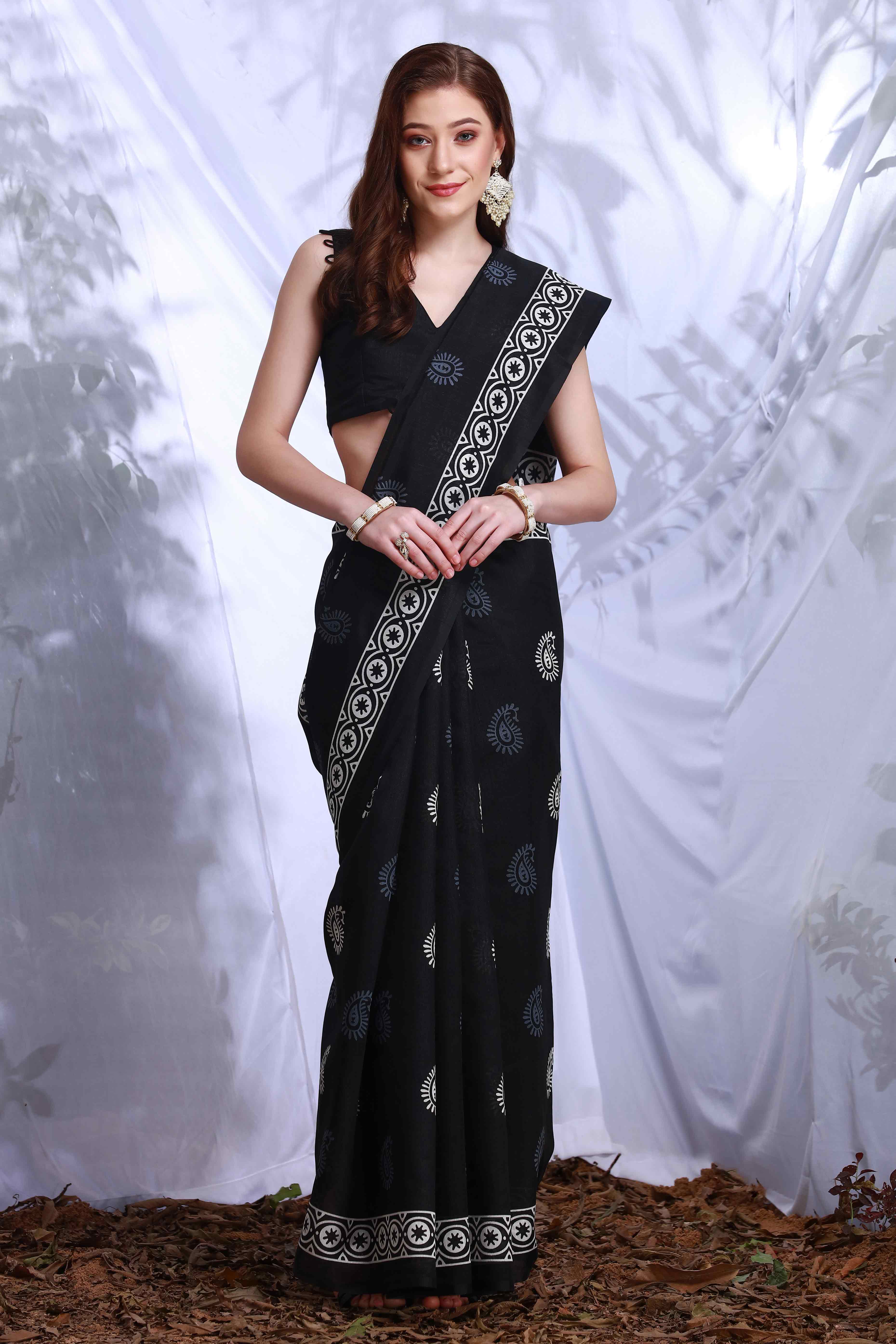 Black Printed Bhagalpuri Silk Saree