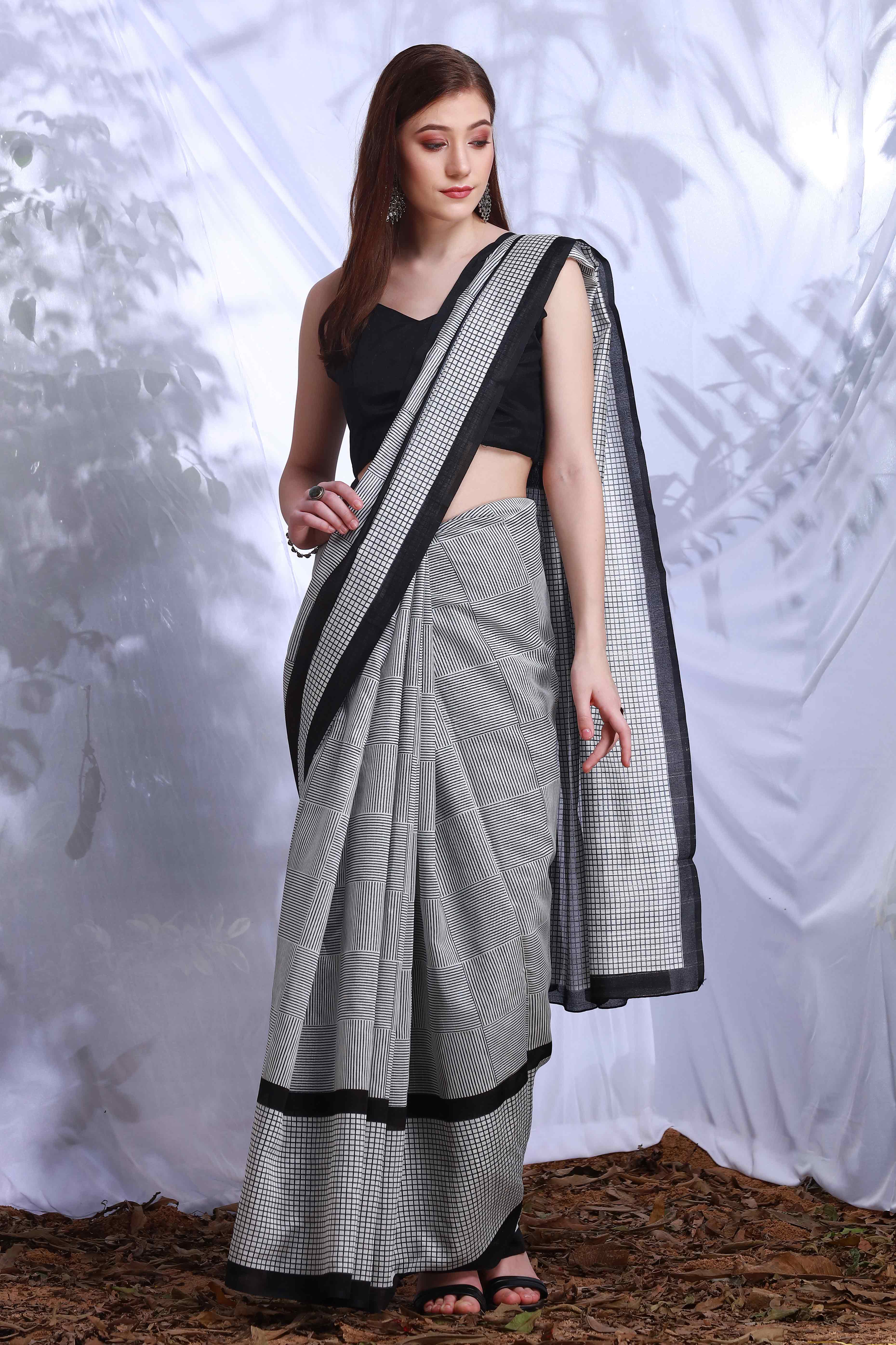 Black & White Printed Bhagalpuri Silk Saree