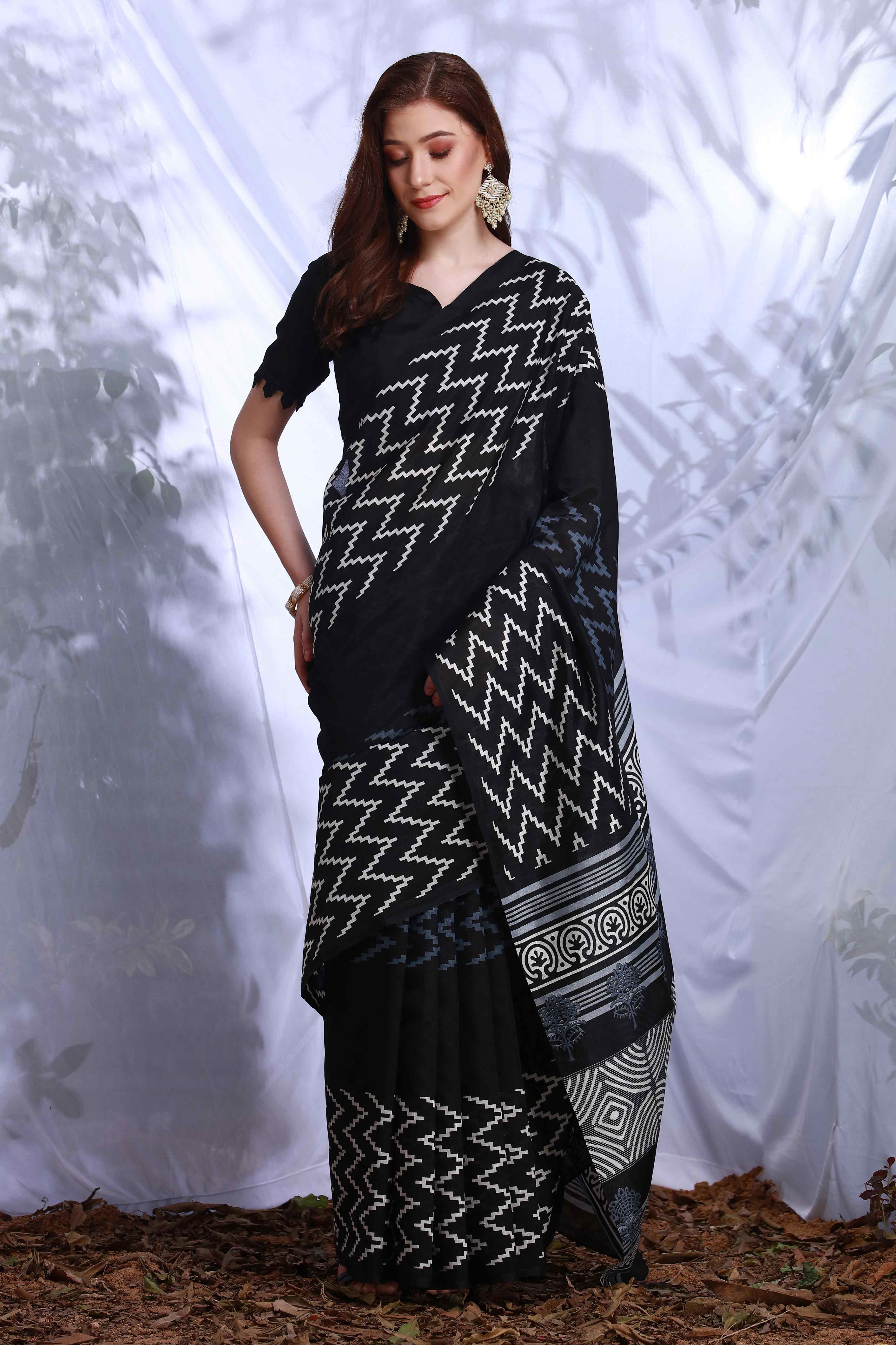 Black Printed Bhagalpuri Silk Saree