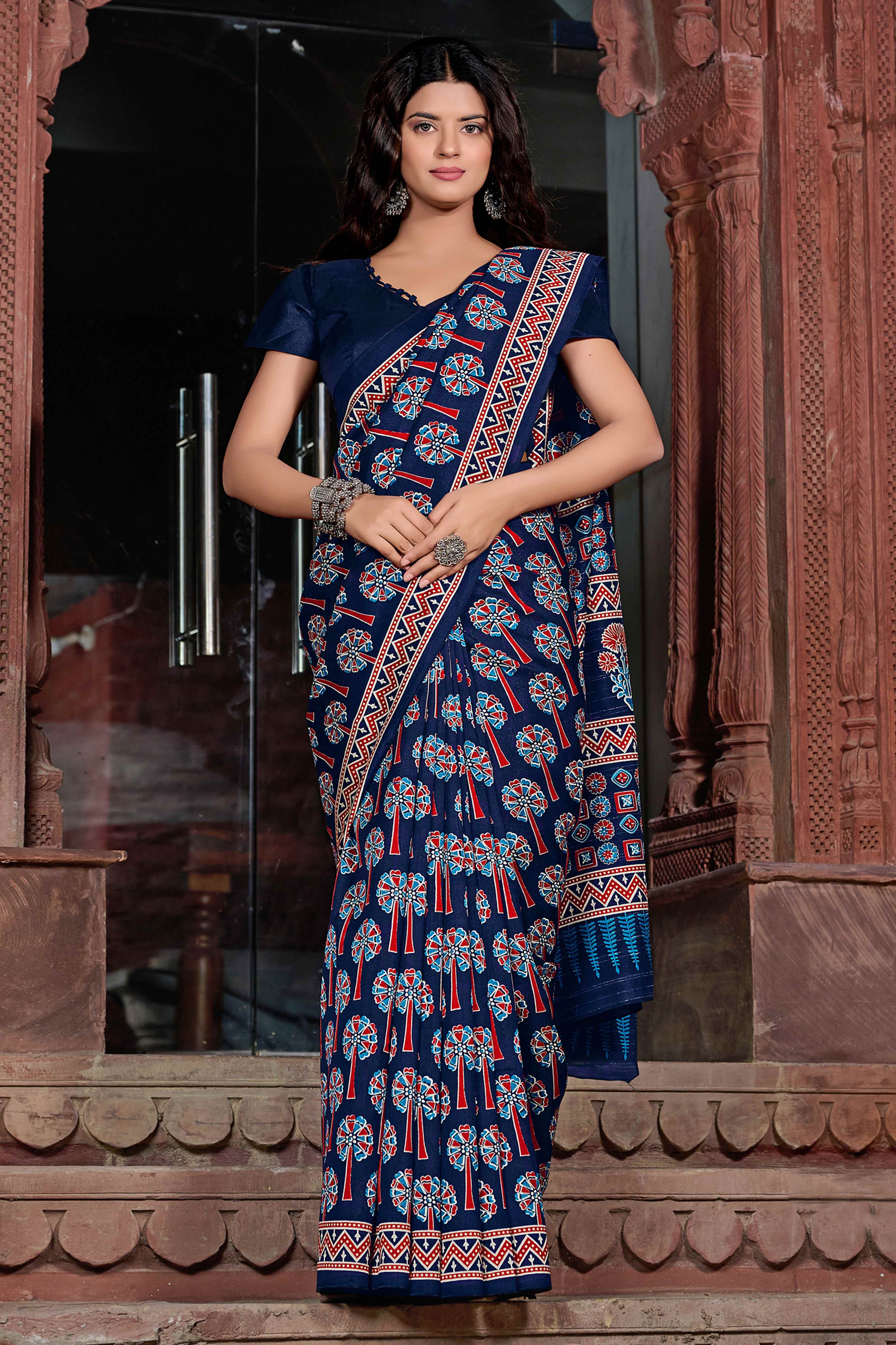 Blue Printed Bhagalpuri Silk Saree