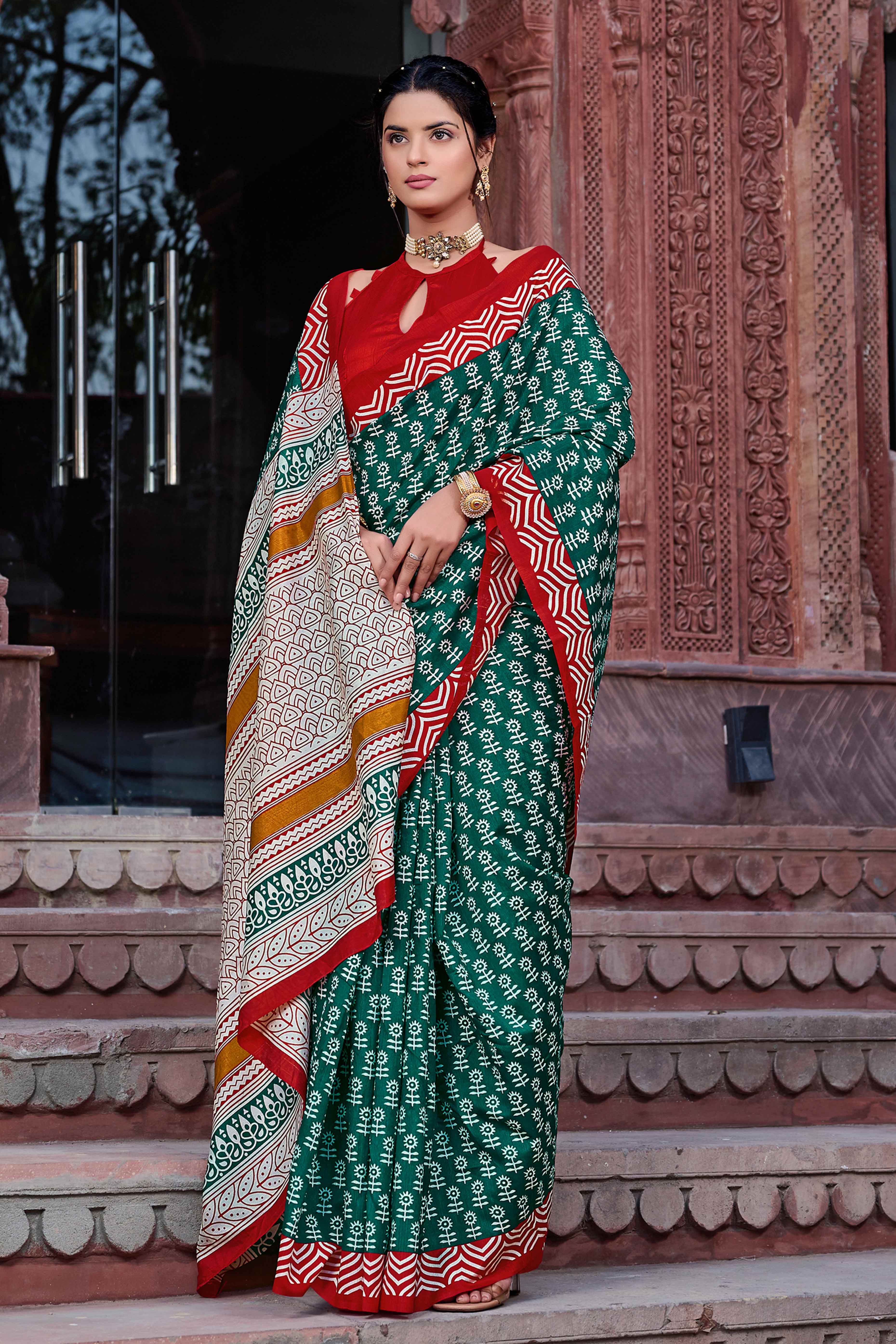 Green & Red Printed Bhagalpuri Silk Saree