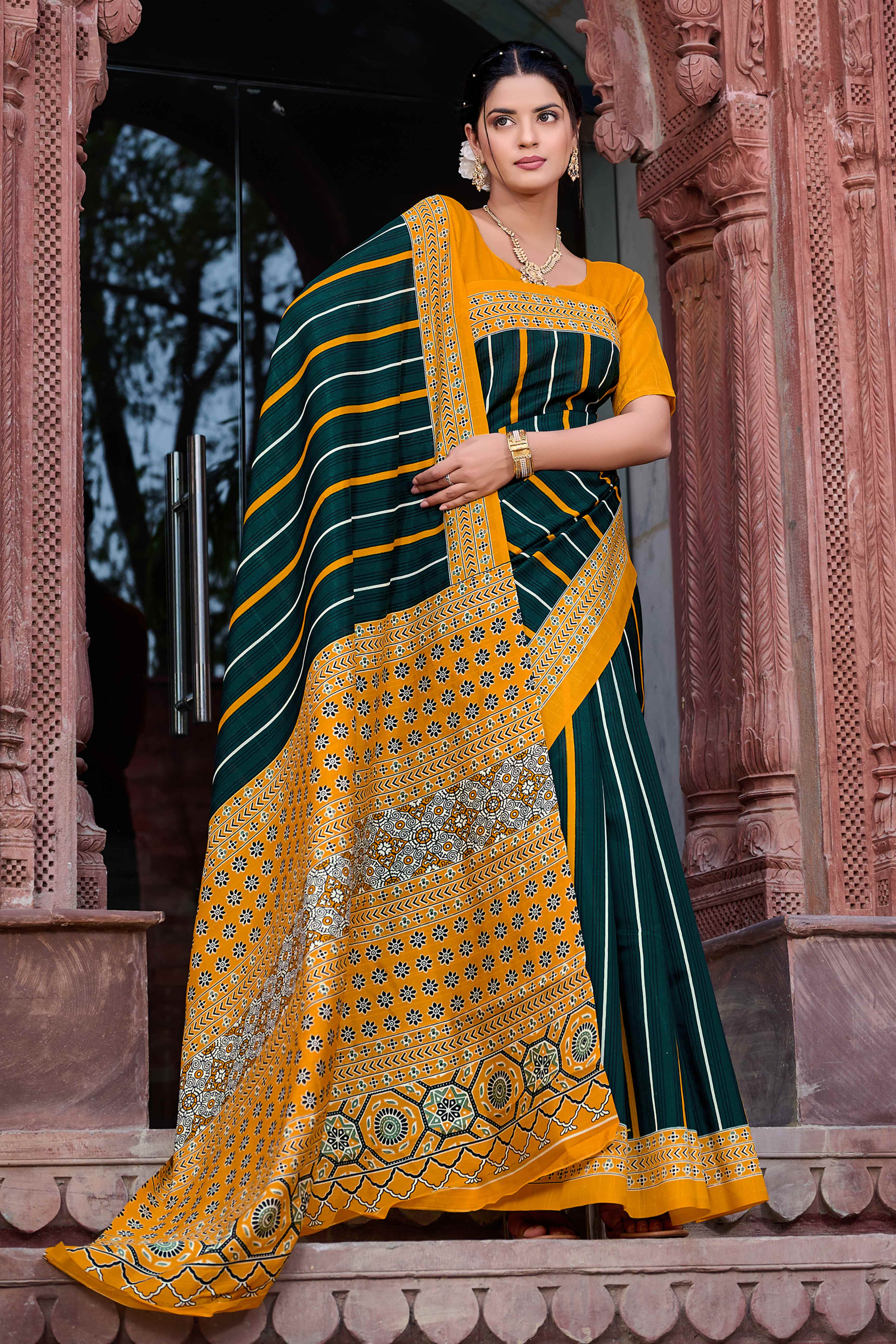 Green & Mustard Printed Bhagalpuri Silk Saree