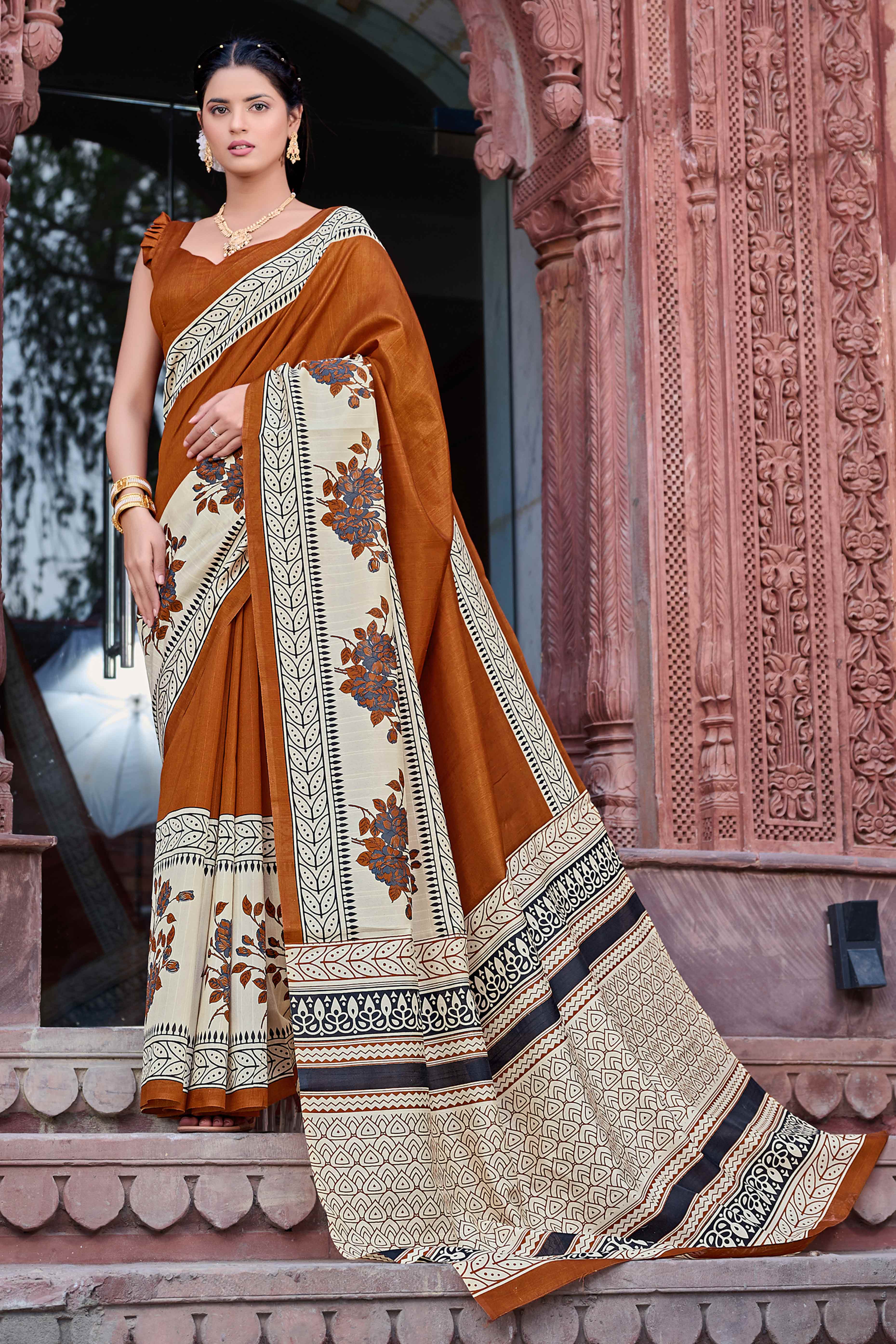 Brown & Beige Printed Bhagalpuri Silk Saree