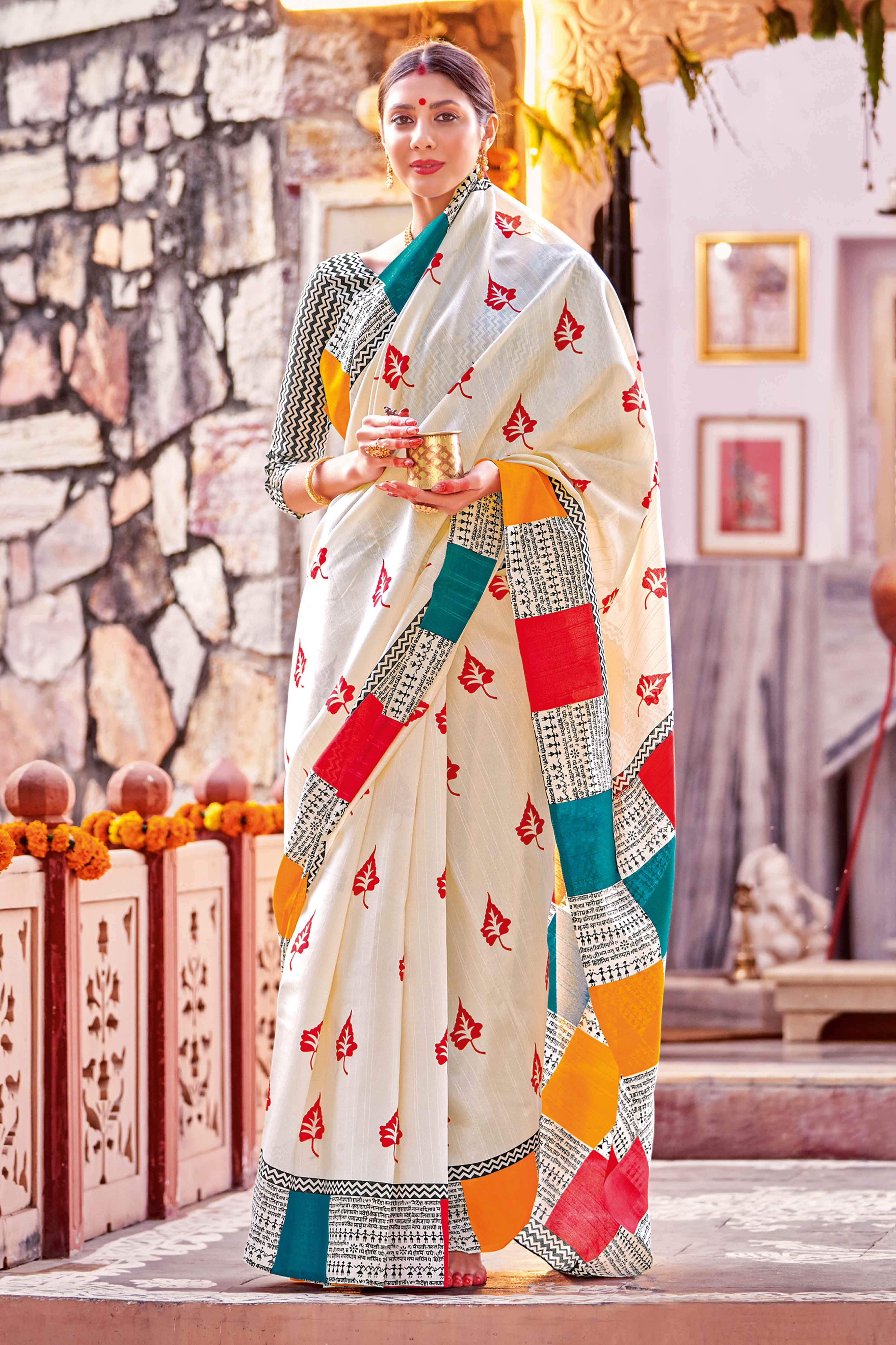 Cream Printed Bhagalpuri Silk Saree