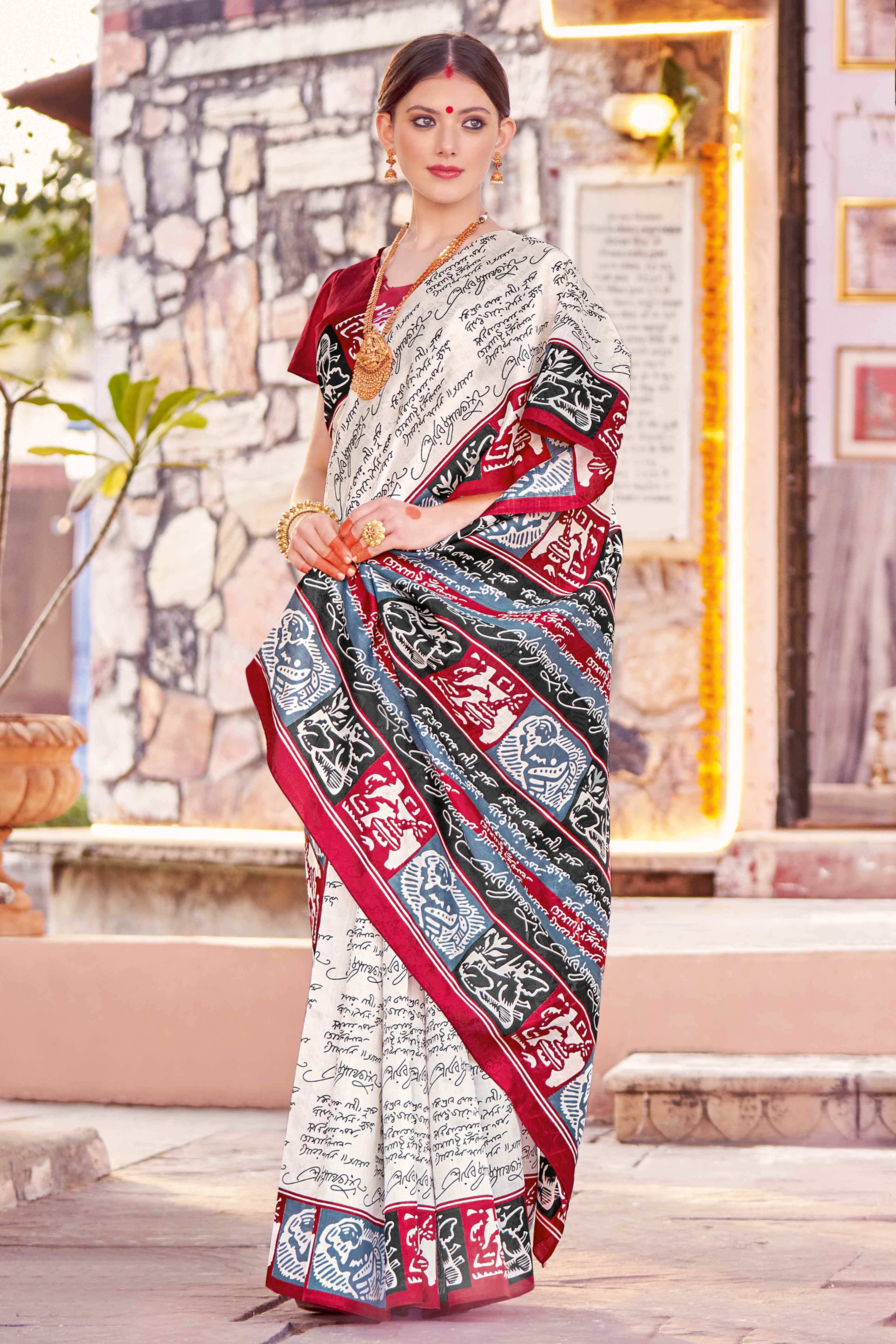 White Printed Bhagalpuri Silk Saree