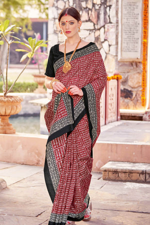 Maroon & Black Printed Bhagalpuri Silk Saree