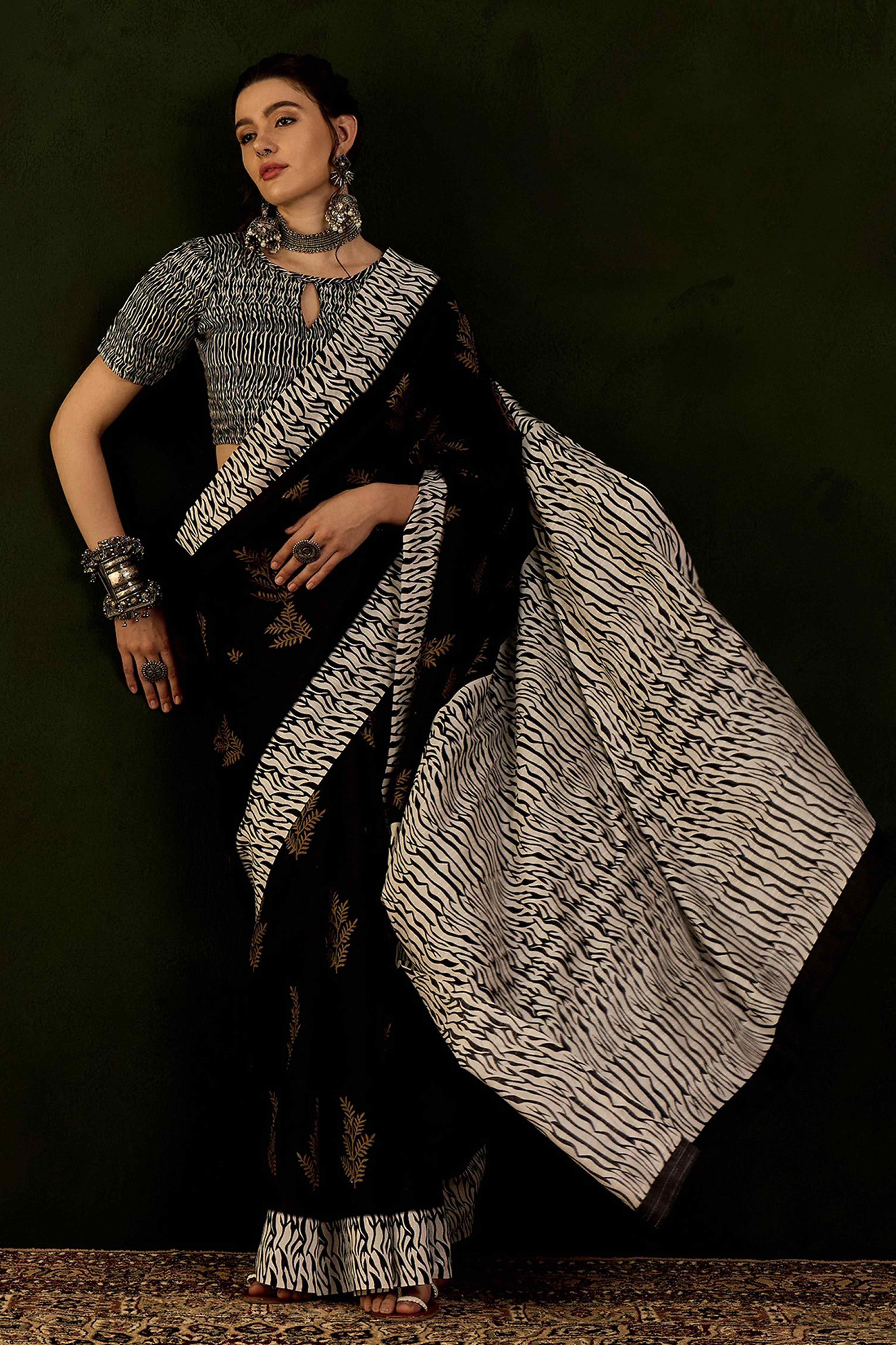 Black & White Printed Bhagalpuri Silk Saree