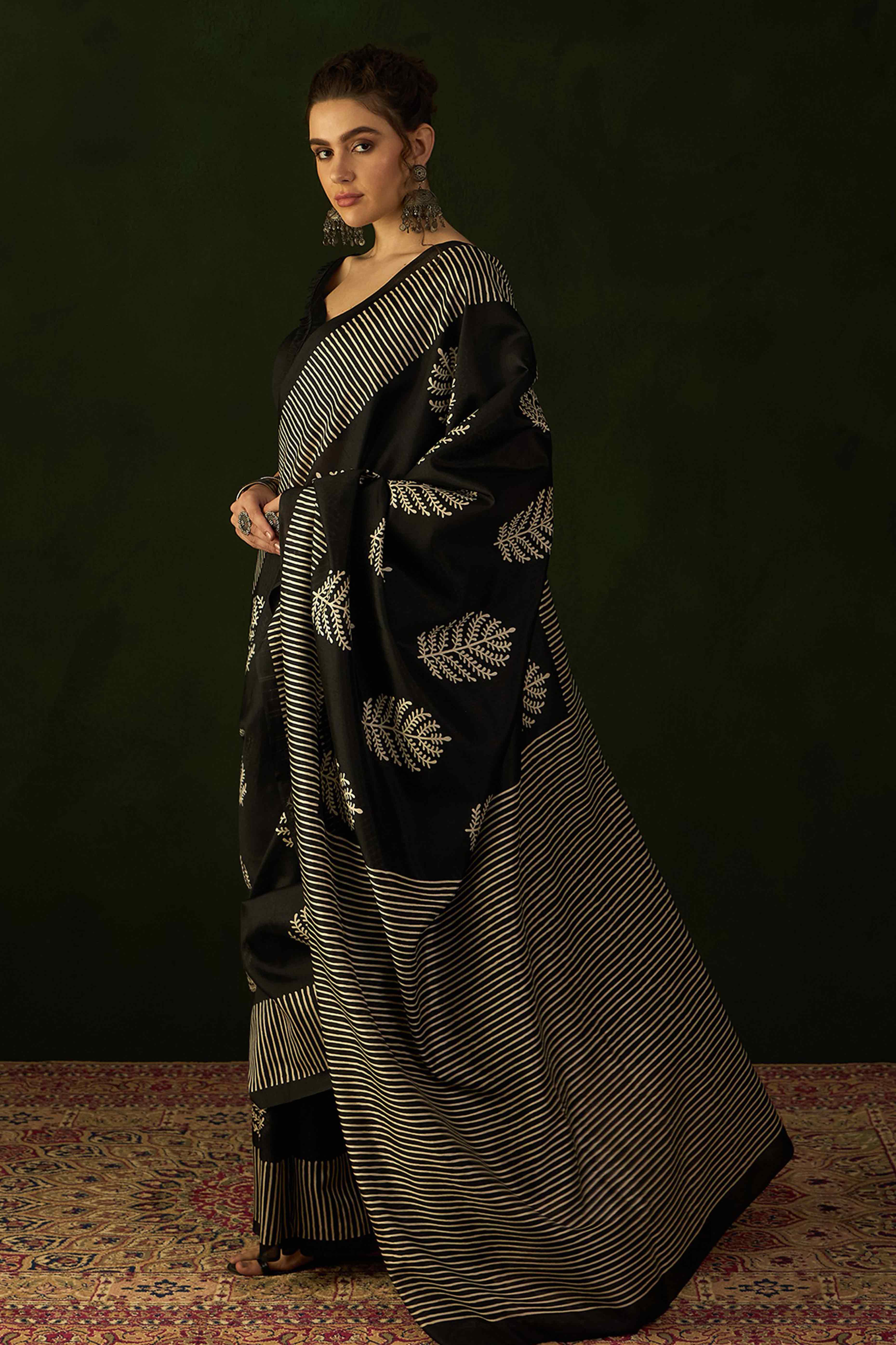 Black Printed Bhagalpuri Silk Saree