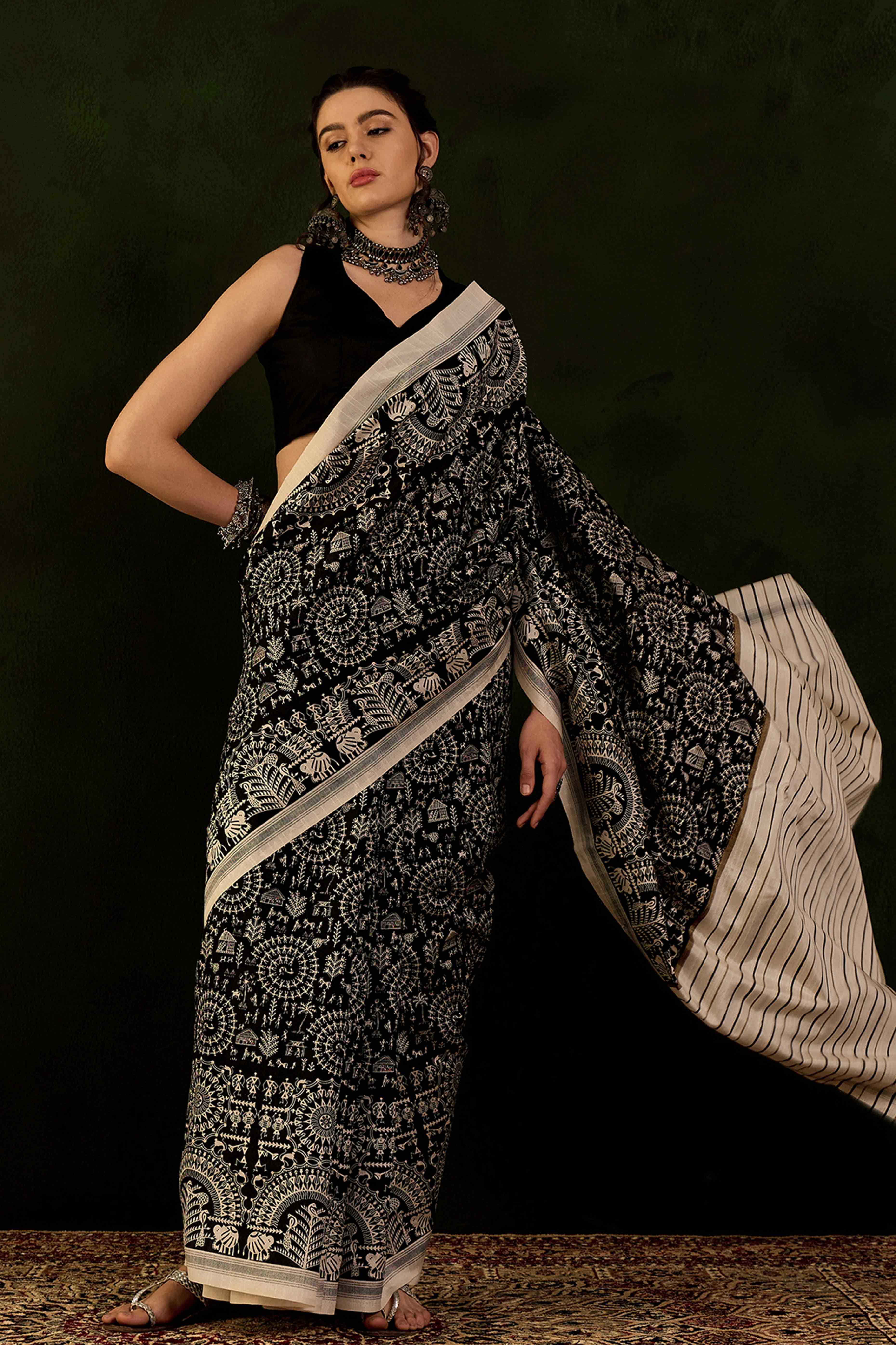 Black & Beige Printed Bhagalpuri Silk Saree