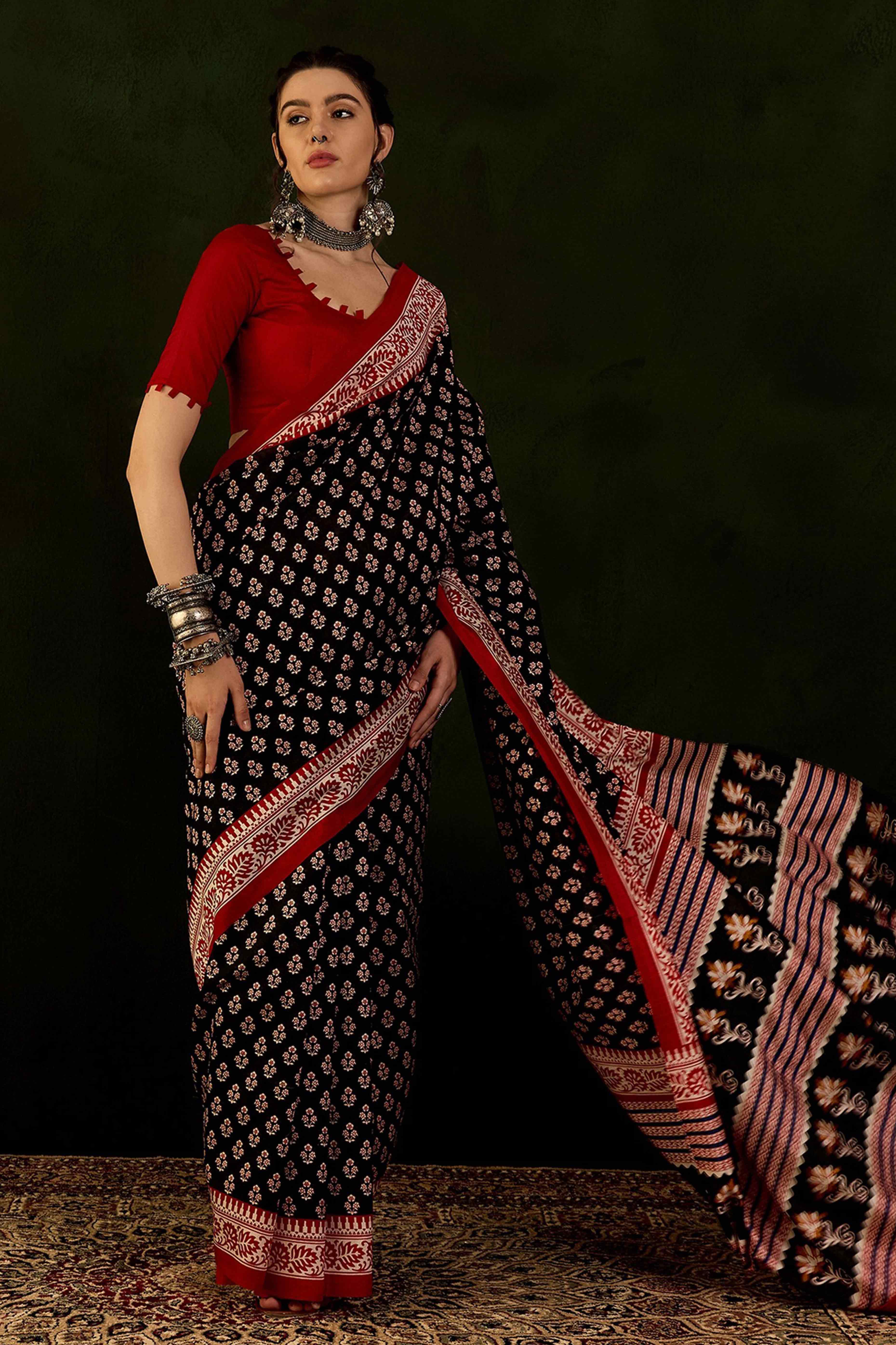 Black & Red Printed Bhagalpuri Silk Saree