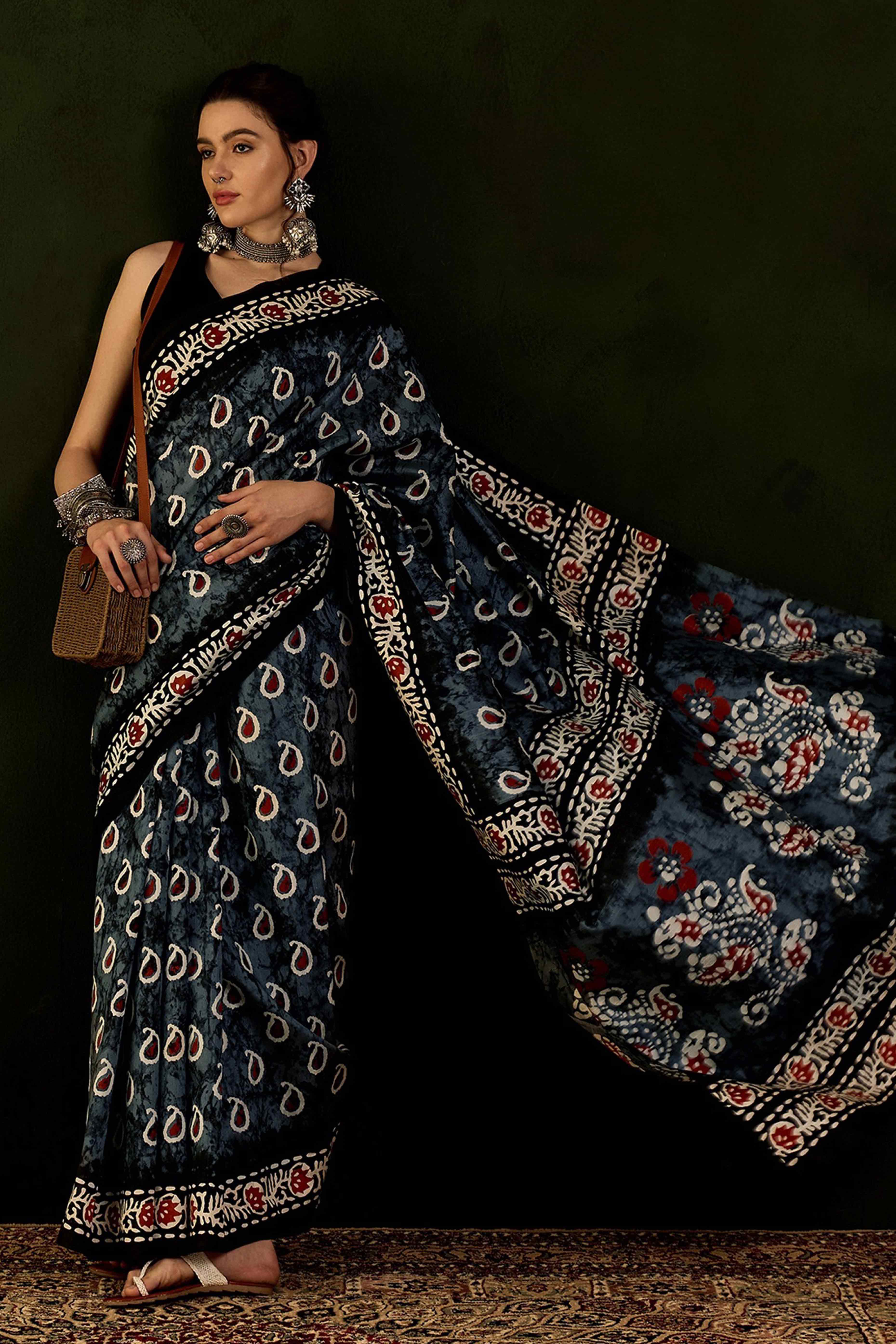 Black & Grey Printed Bhagalpuri Silk Saree