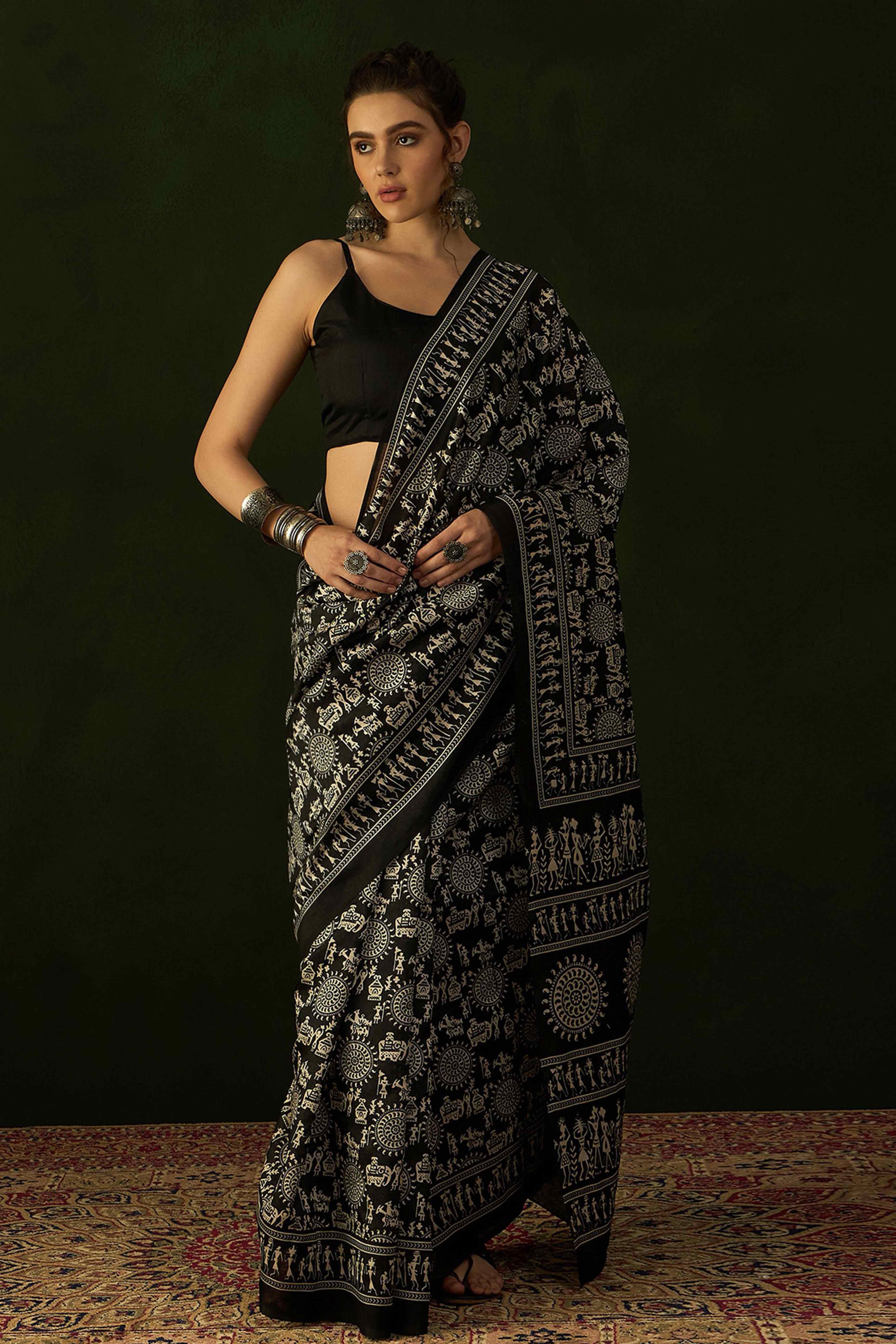 Black Printed Bhagalpuri Silk Saree