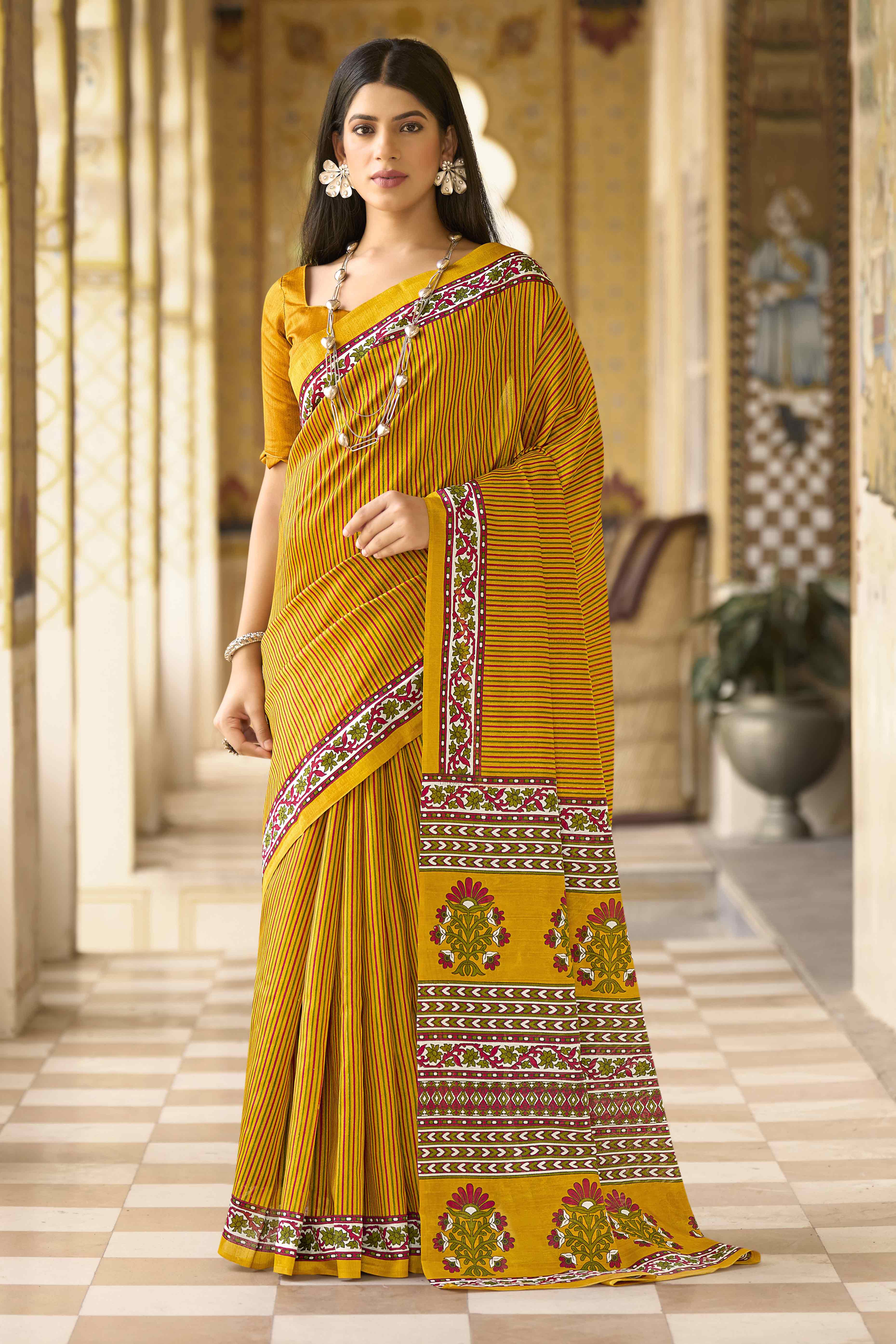 Mustard Striped Printed Bhagalpuri Silk Saree