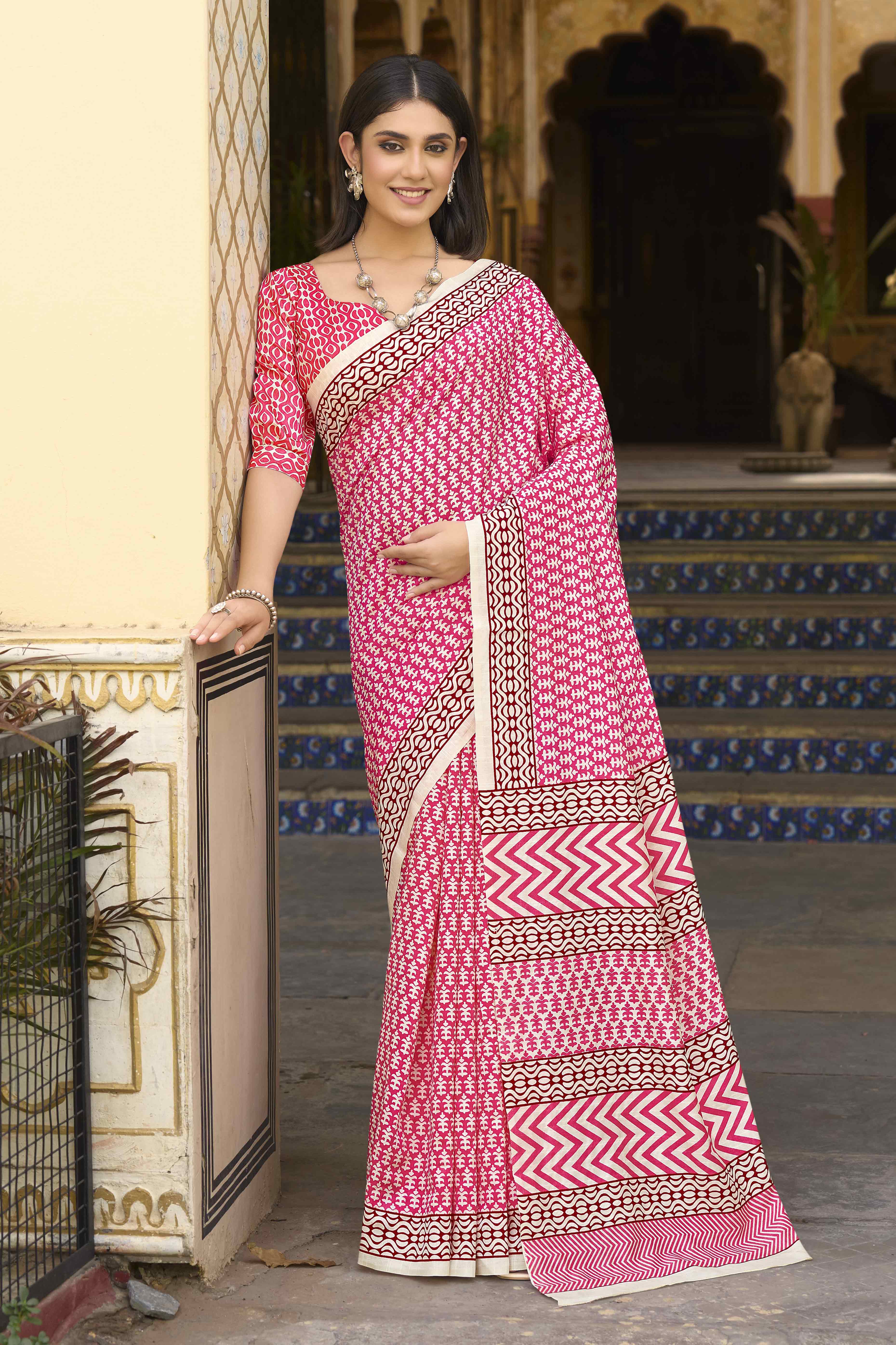 Pink Printed Bhagalpuri Silk Saree