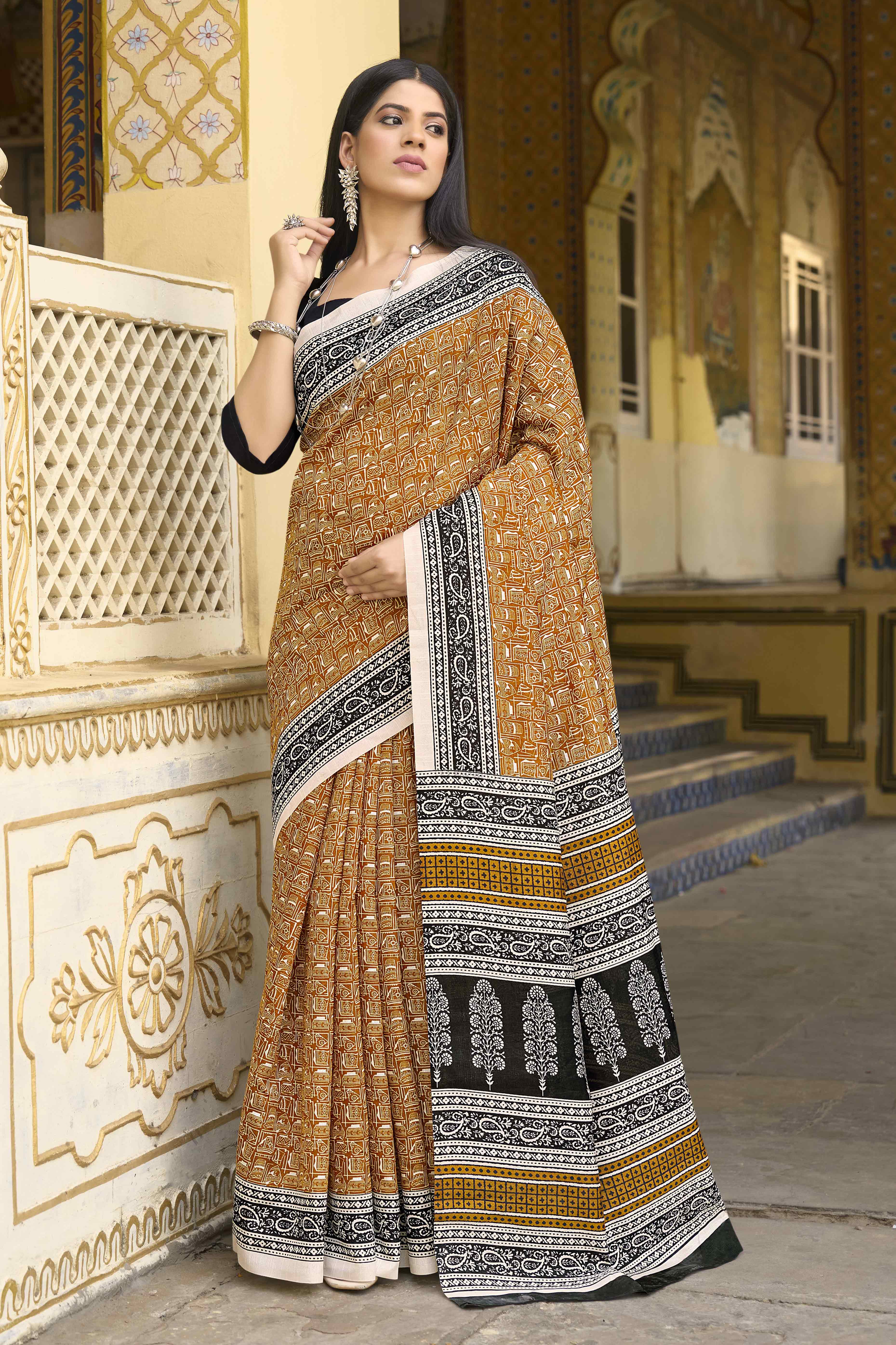 Dark Mustard Printed Bhagalpuri Silk Saree