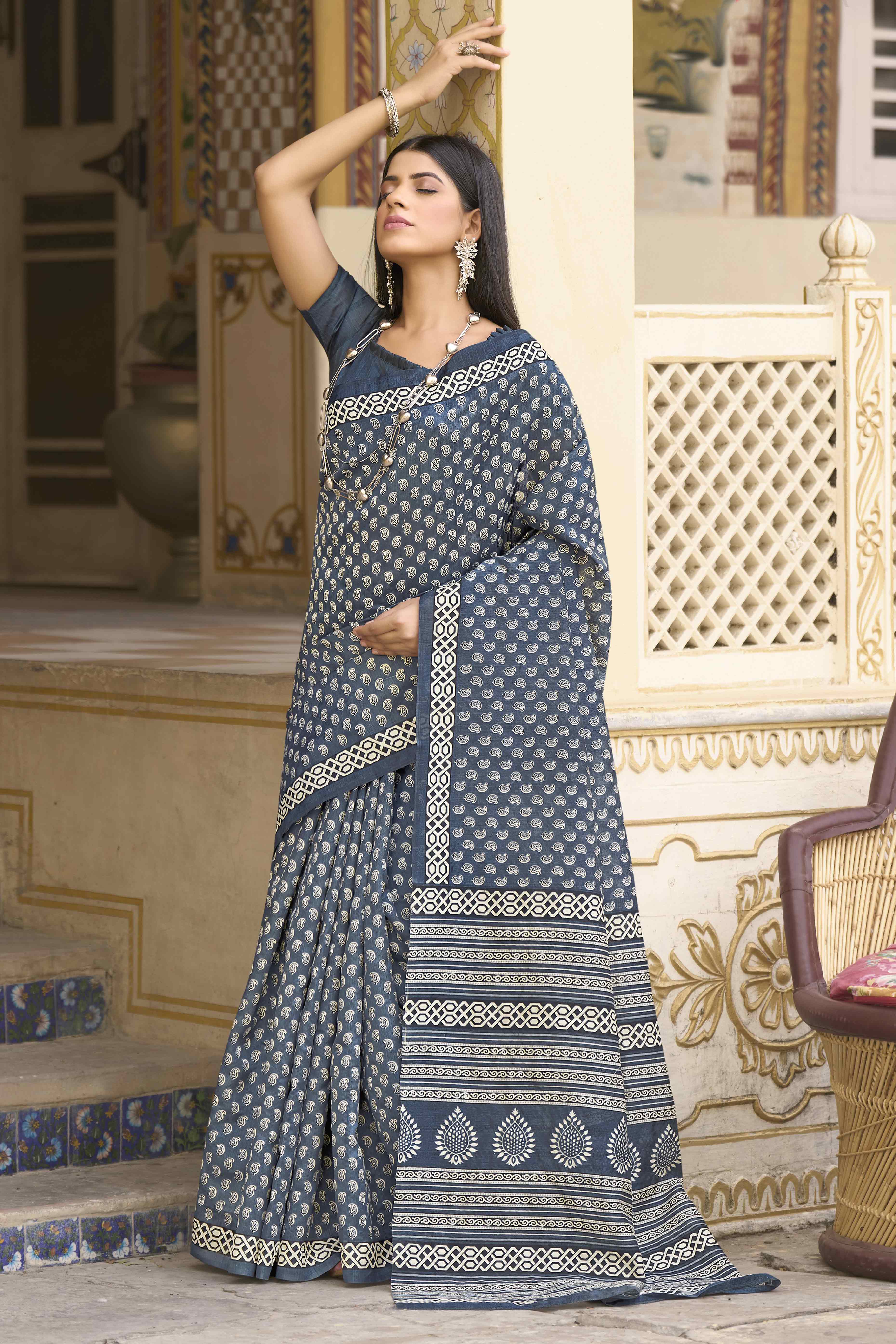 Grey Printed Bhagalpuri Silk Saree